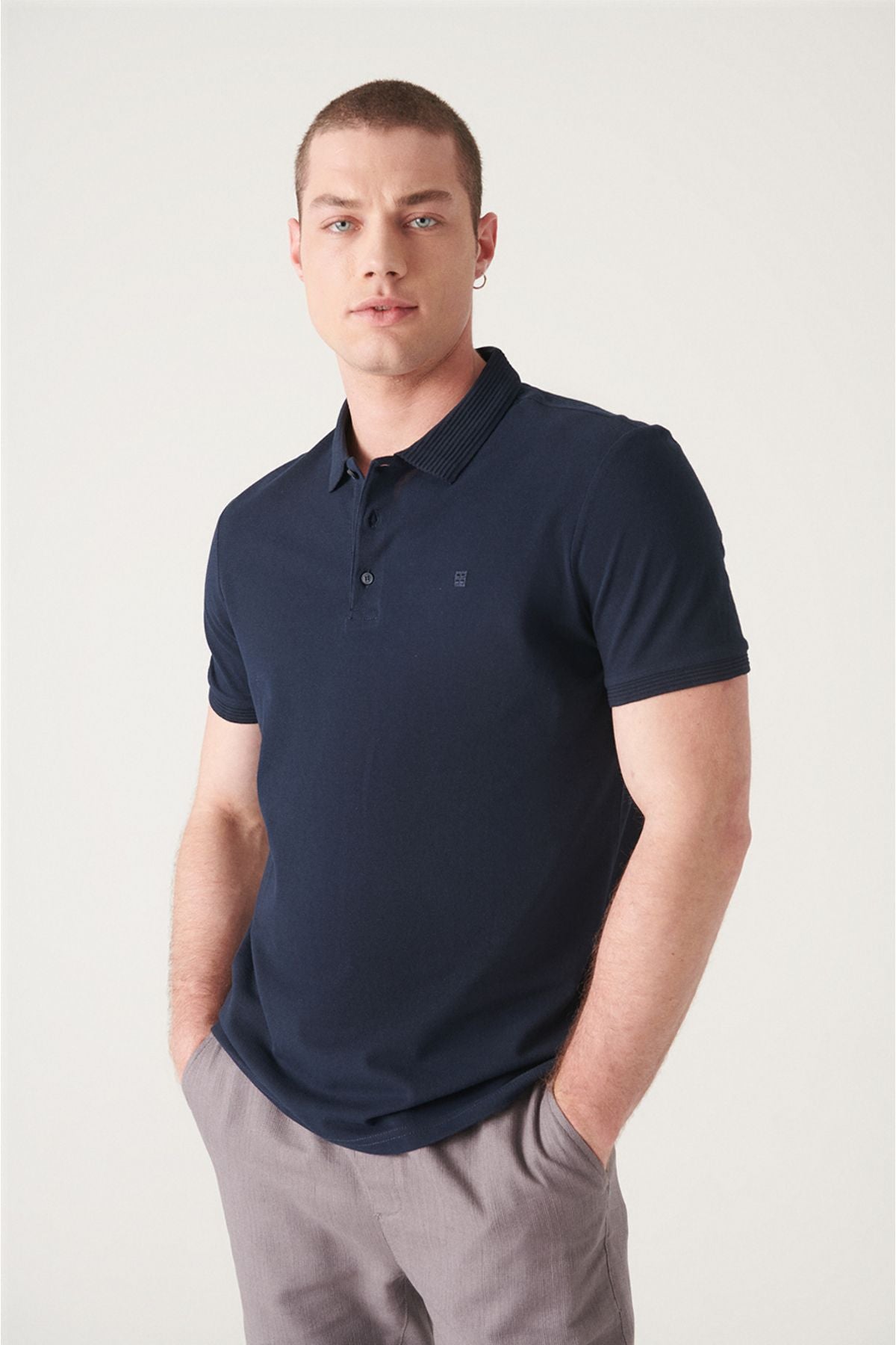 Men's Navy Blue 100% Egyptian Cotton Regular Fit 3 Button Polo Collar T-shirt B001027