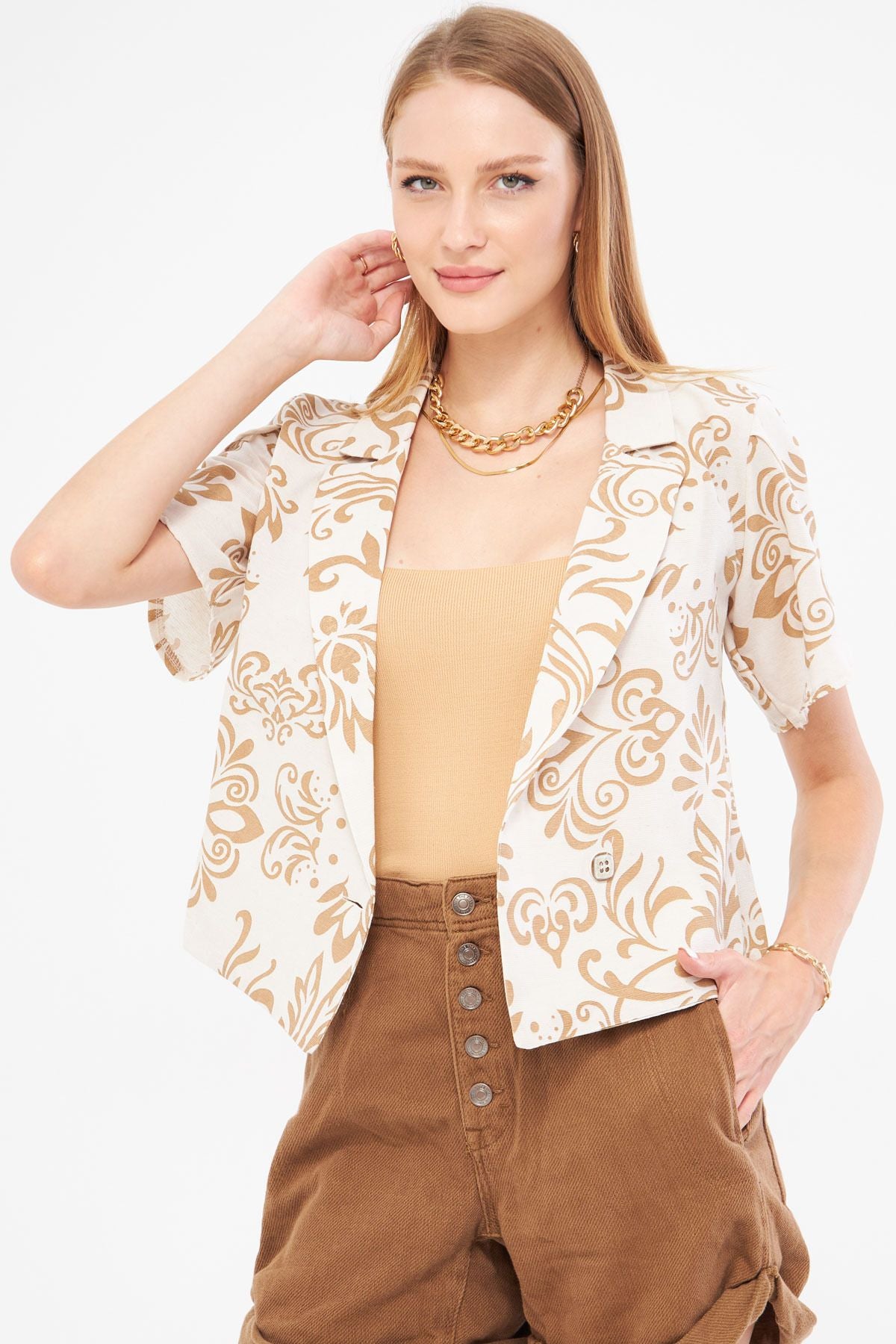 Female mink-linen-looking patterned handle slit Crop Short Sleeve Jacket ARM-24Y001095
