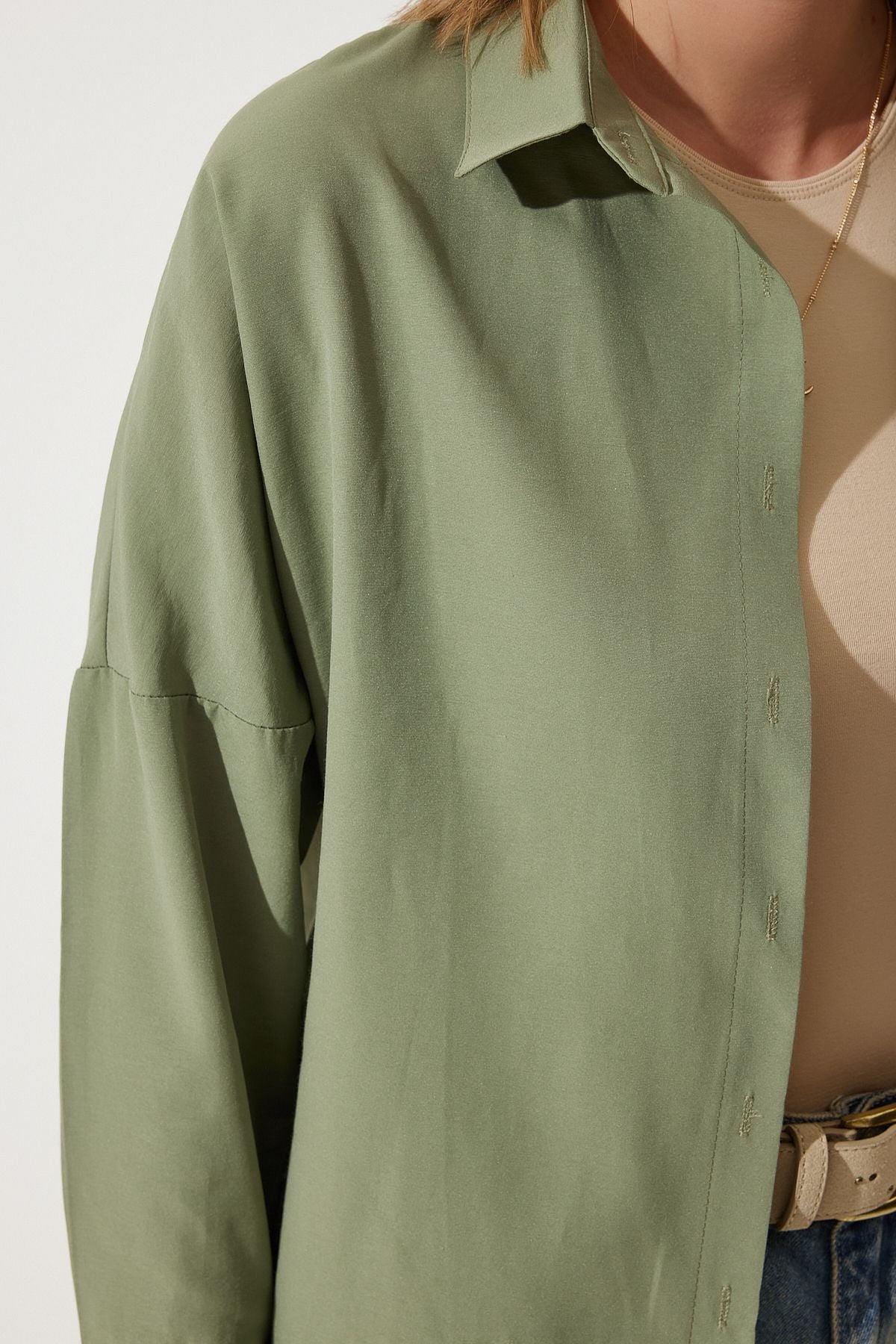 Woman Khaki Oversize Long Basic Shirt DD00842