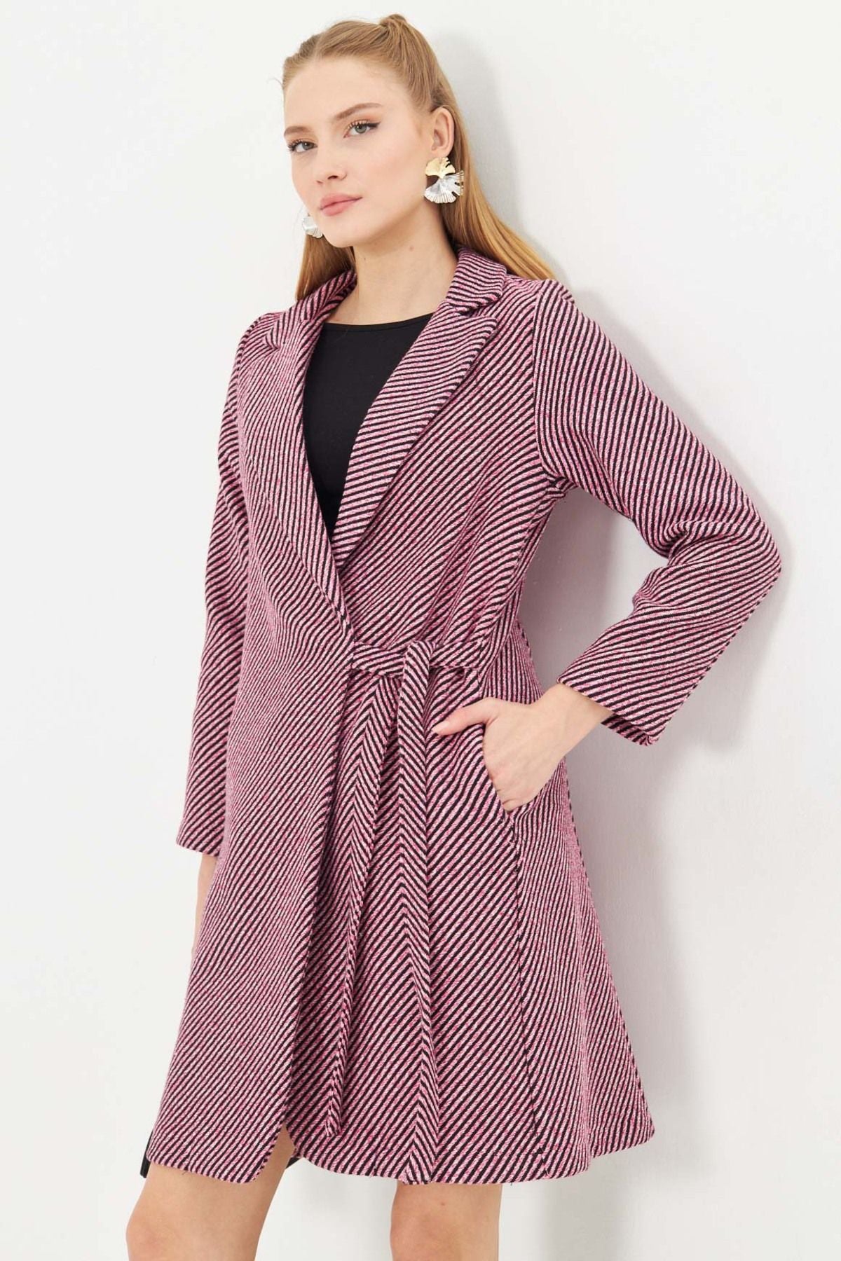 Woman Pink Side Side-Tied Pocket Long Stamp Coat ARM-25K001039