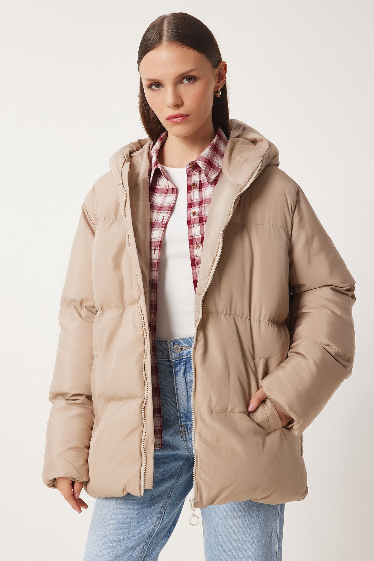 Female Beige Hooded Oversizle Swelling Coat CI00050