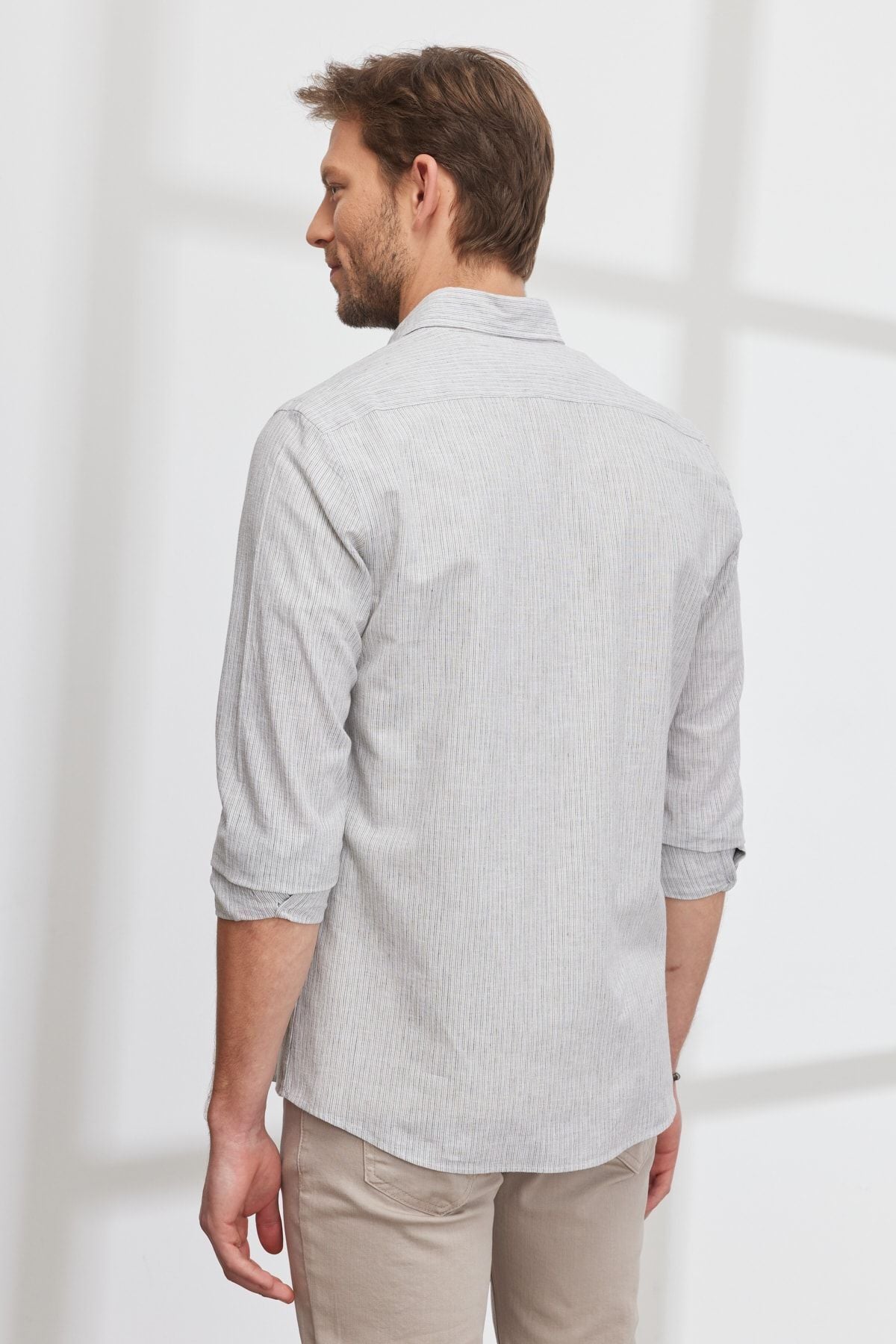 Men's White-Haki Slim Fit Narrow Cutting Buttoned Neck Organic Cotton Striped Linen Shirt