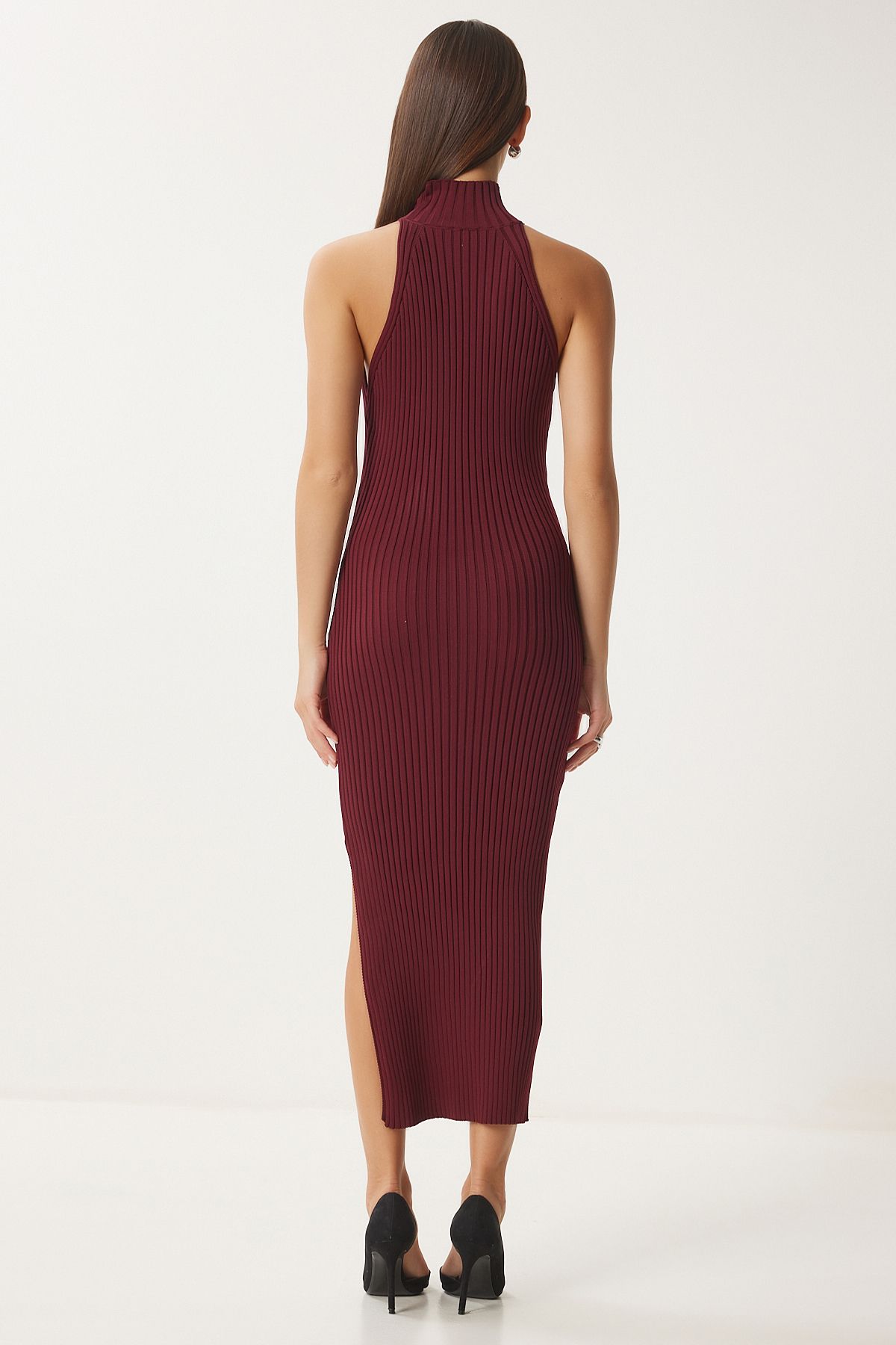 Woman Burgundy Shoulders Open Wrapped Red Triko Dress FN03424