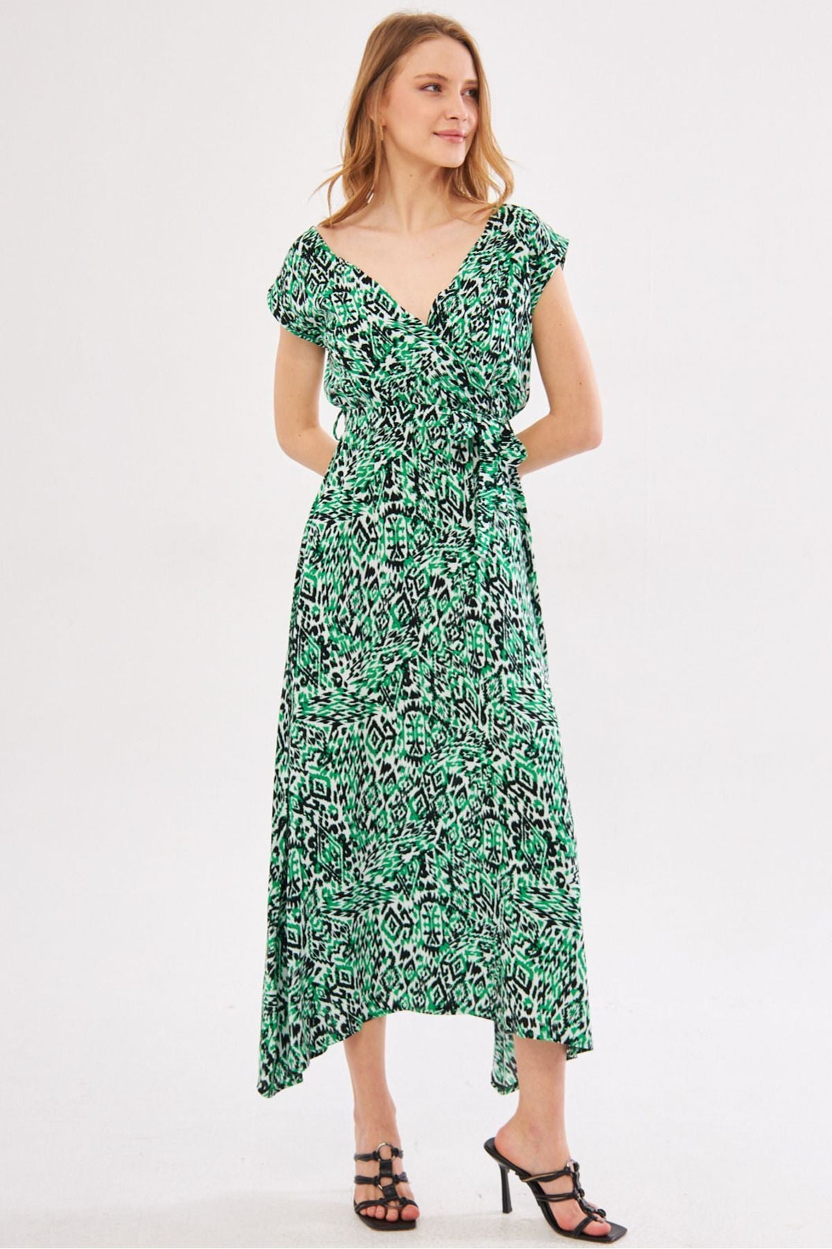 Female Green Efta Dress Rear and Front Cyprus Belled Belly Patterned Midi Boy ARM-24Y001027