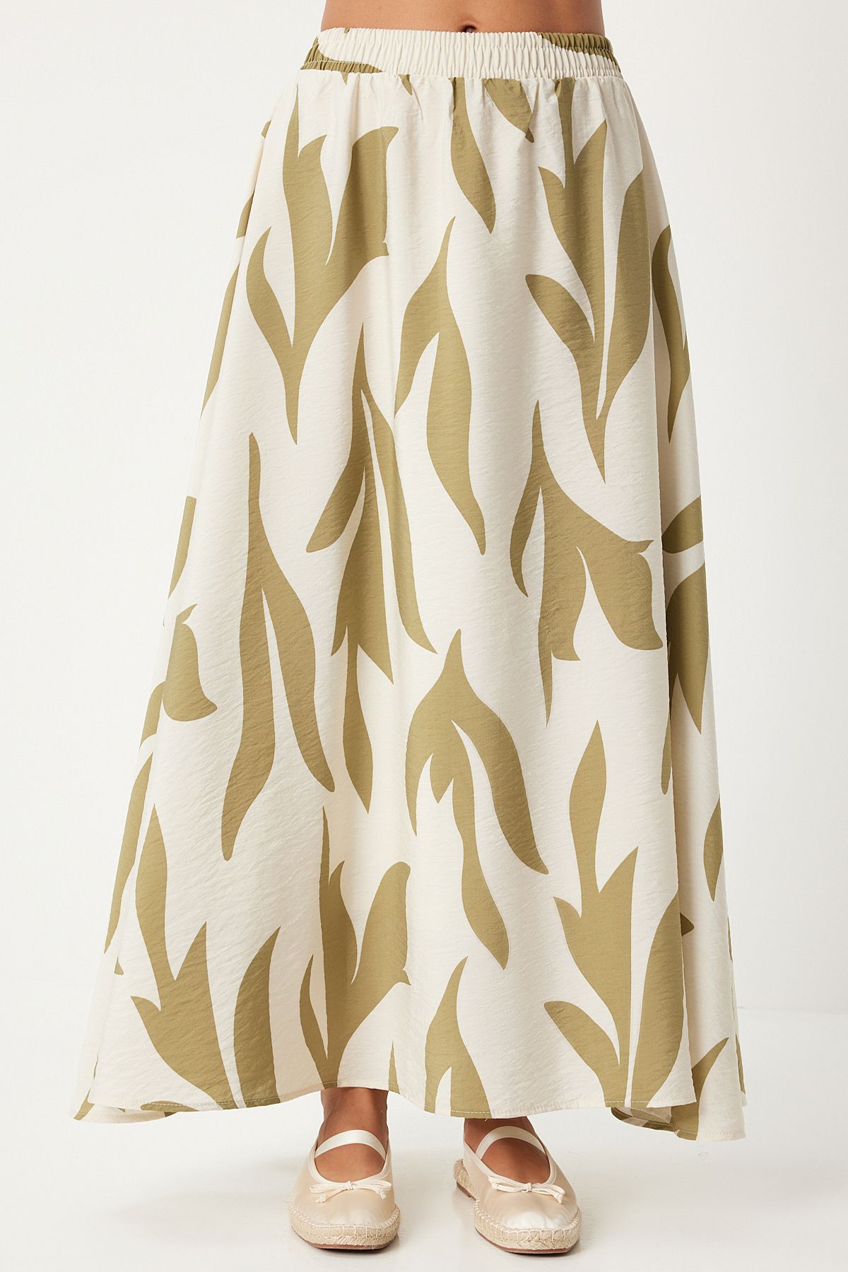 Women's Cream Oil Green Patterned Maxi Skirt DD01333