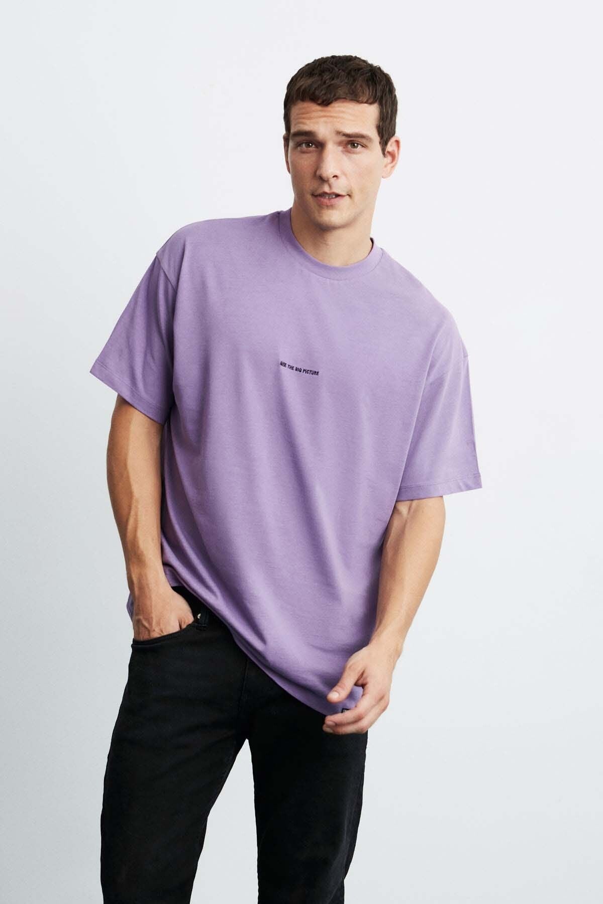 Rıver Men's Embroidery Working Oversiz 100 %Organic Cotton Knitting Purple T-shirt