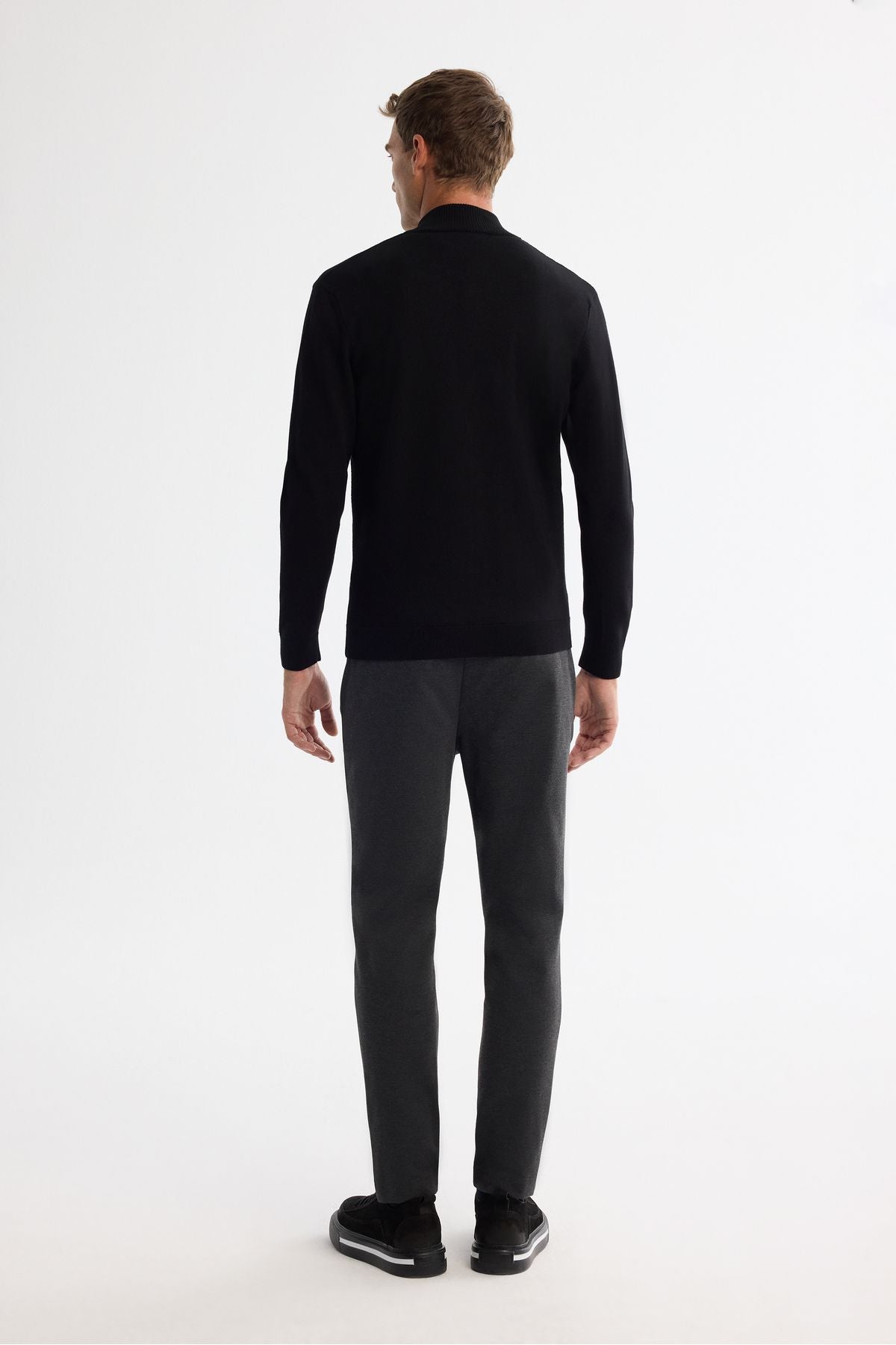 Men's black upright collar zipper front textured soft touch knitwear cardigan A42y5143