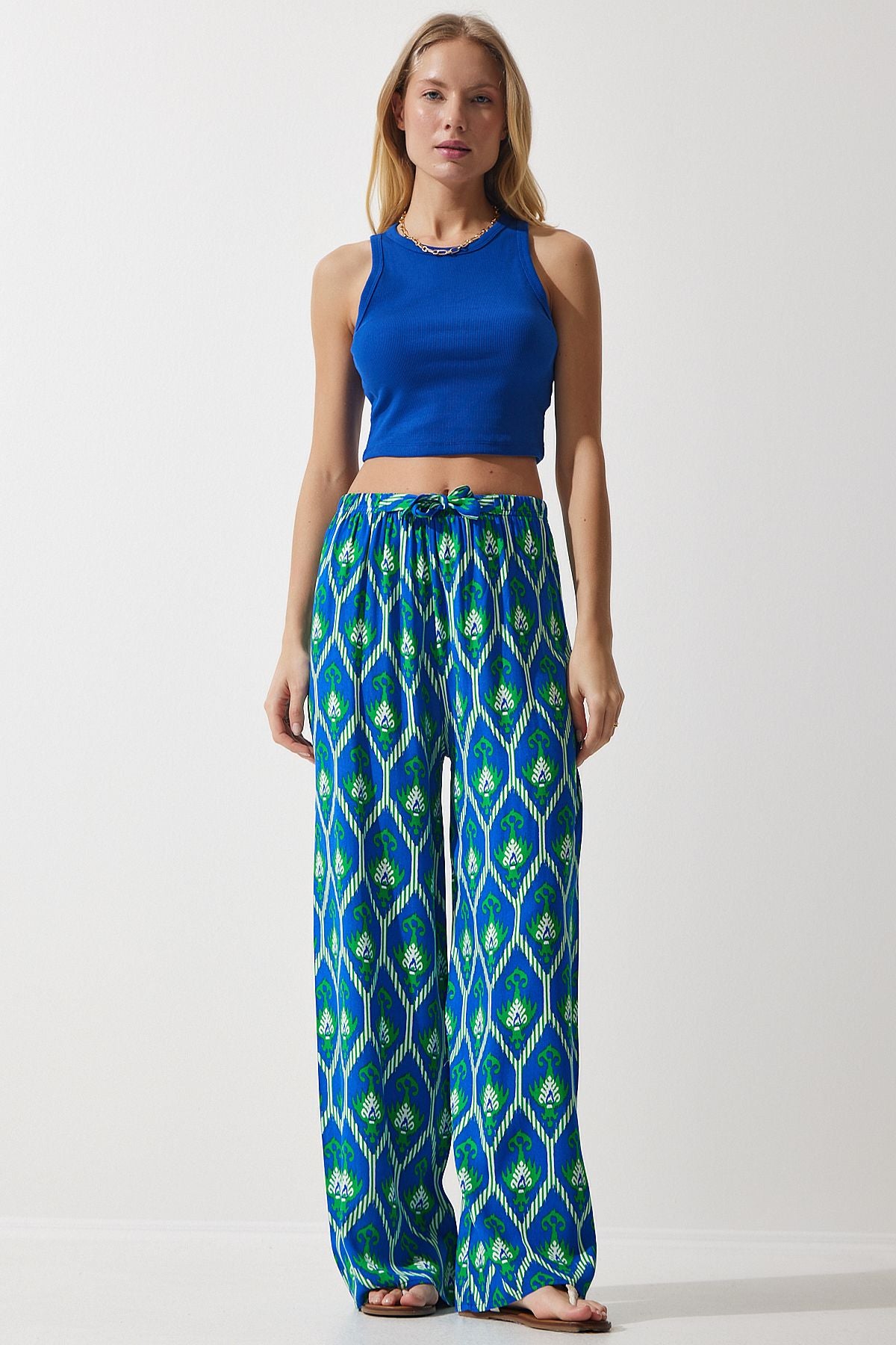 Woman Blue Green Patterned Viscose Palazzo Pants EN00606