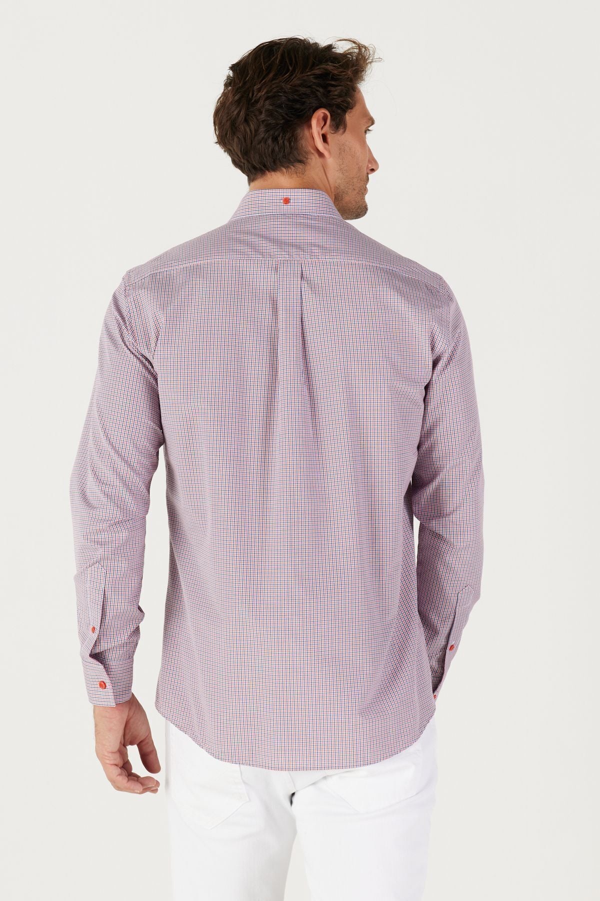 Men's navy blue-red slim fit narrow cut buttoned collar logo cotton pocket striped shirt