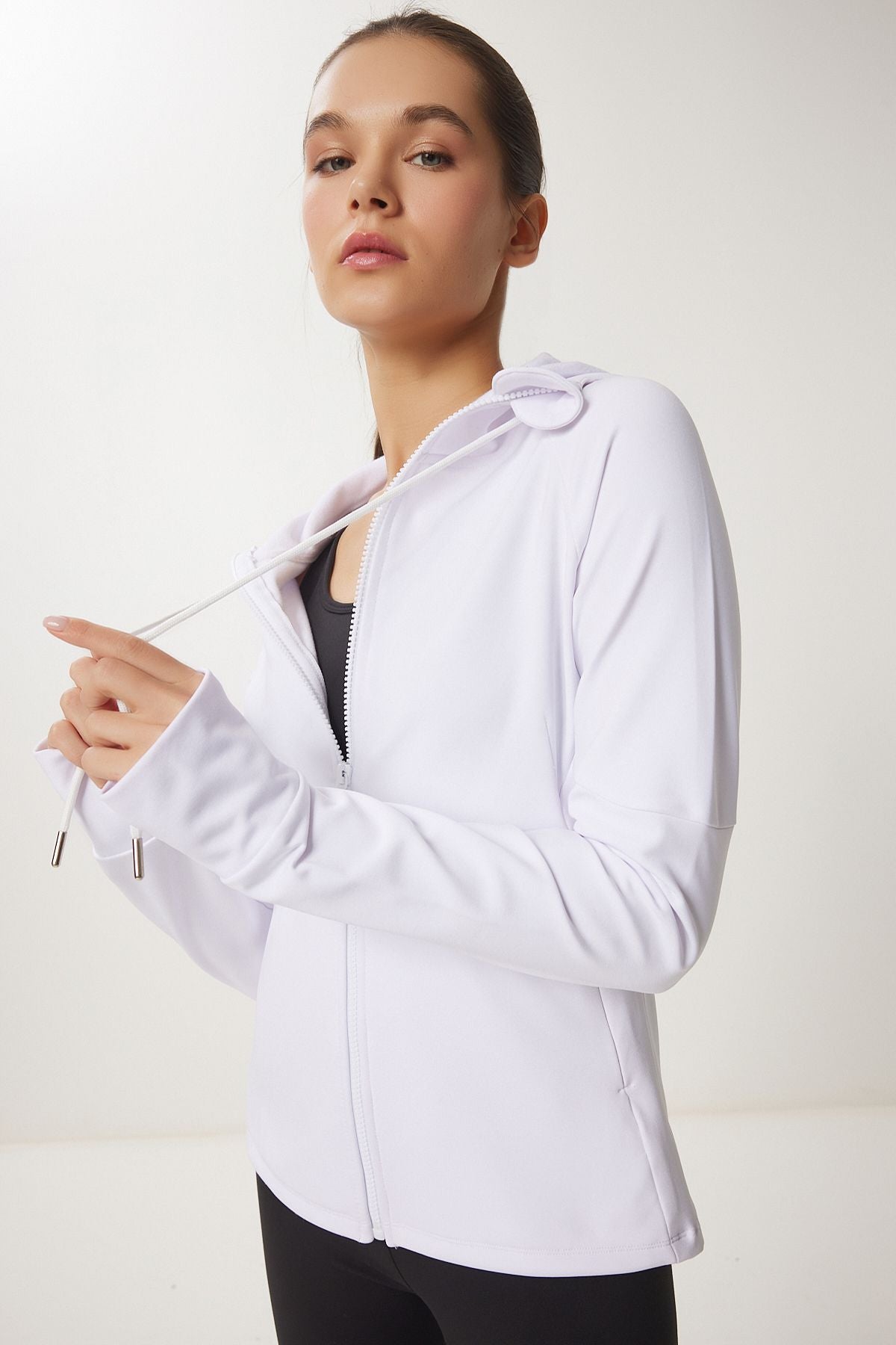 Women's White Finger Detailed Hooded Zipper Knitting Sweatshirt VX00007