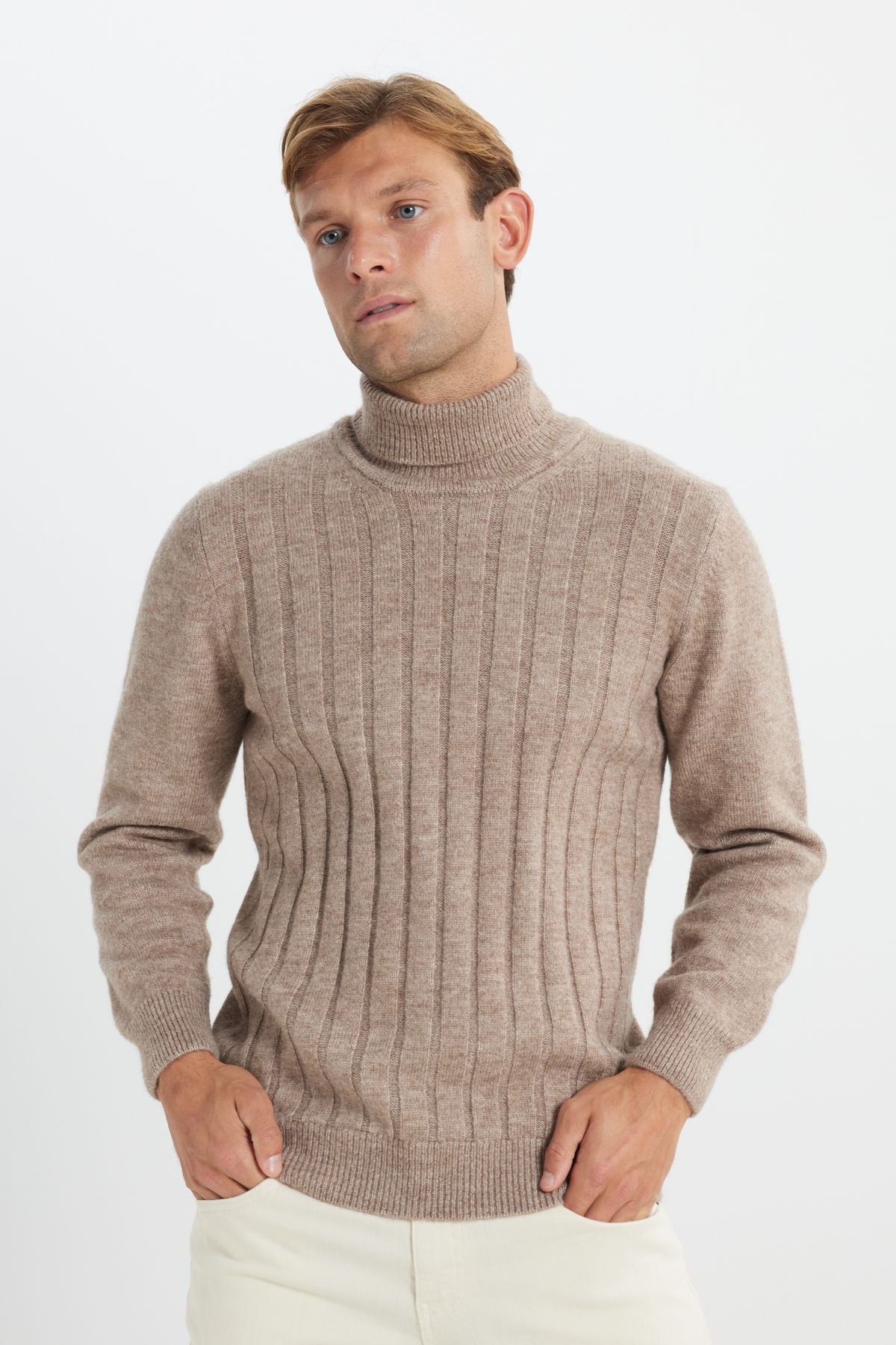 Men's Beige Melanj Standard Fit Normal Cut Full Fisherman Neck Jacquard Knitwear Sweater