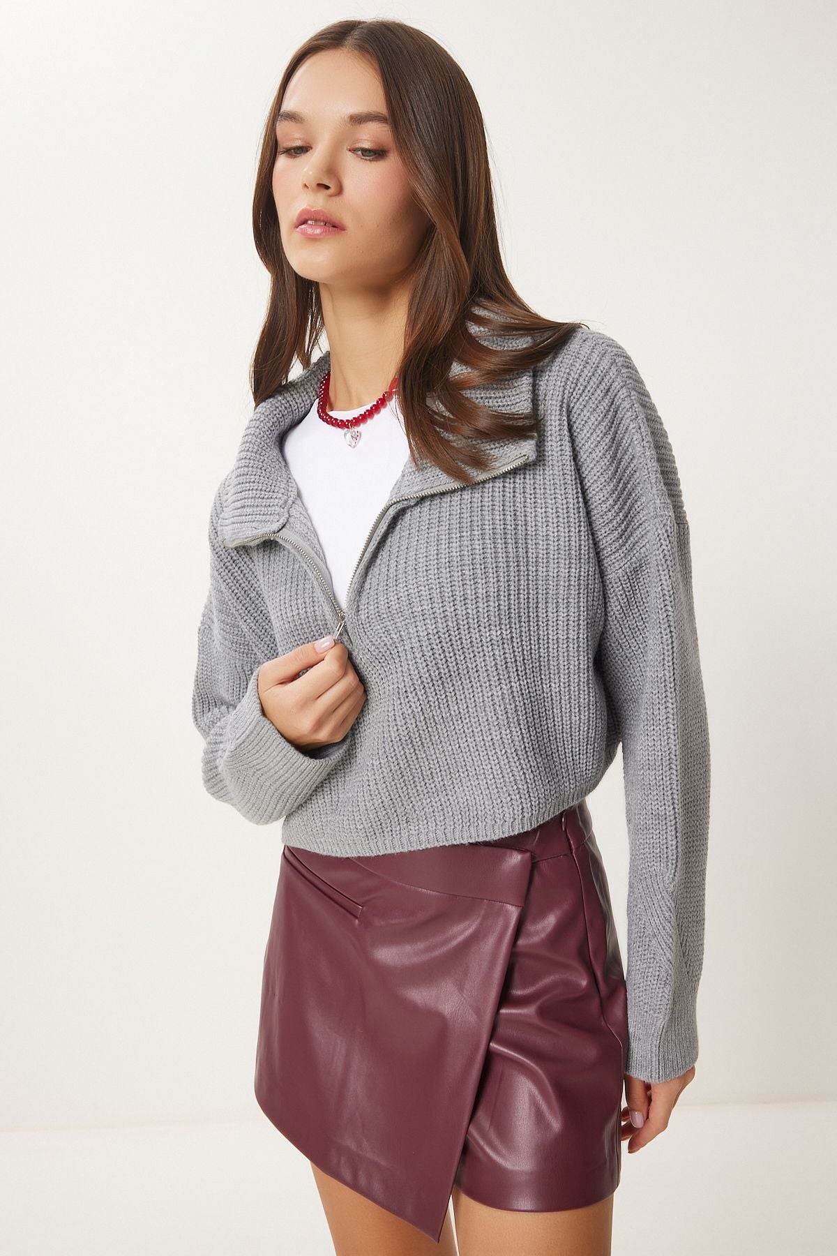Women's Gray Zippered Fisherman Yaka Knitwear Kazakh MX00124