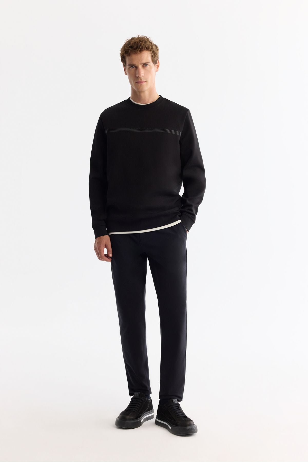 Erkek Siyah Bisiklet Yaka Pamuklu Baskılı Elastan Sweatshirt A42y1267