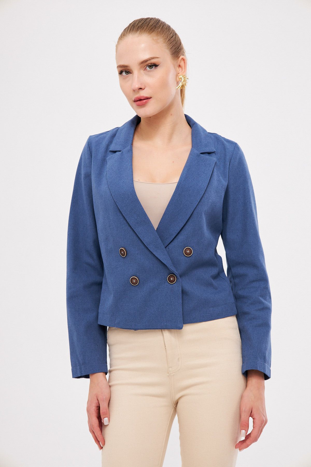 Woman Dark Blue Cruiser Collar Gabardin Crop Jacket ARM-24Y001010