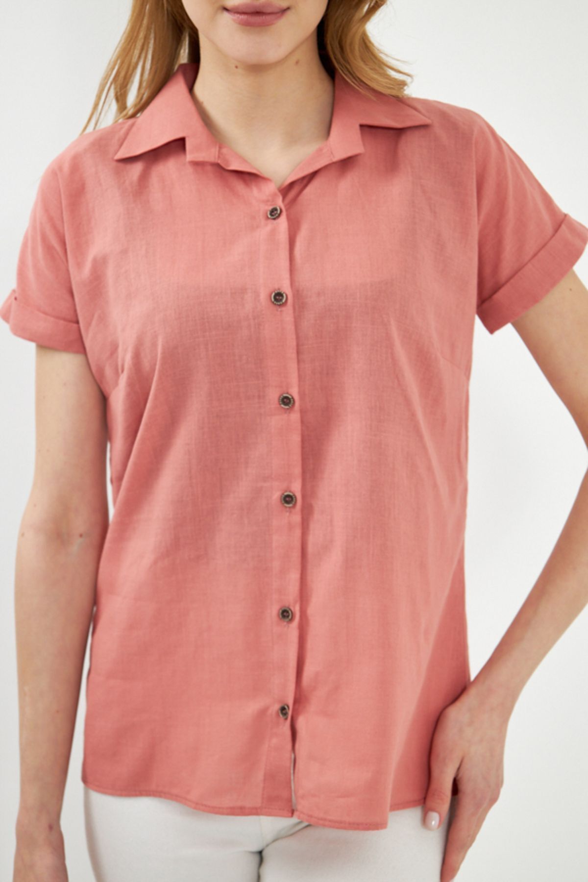 Woman Salmon Short Sleeve Linen Shirt ARM-24Y001038