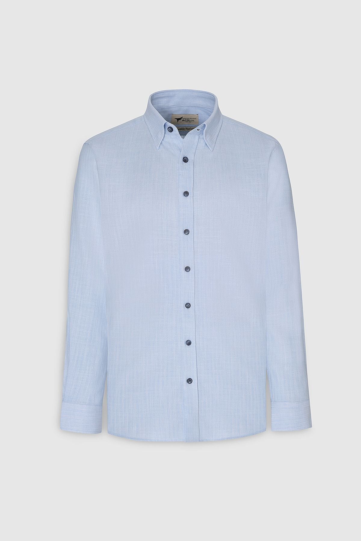 Men's light blue 100 %cotton slim fit narrow cut hidden buttoned collar linen -looking pennant shirt