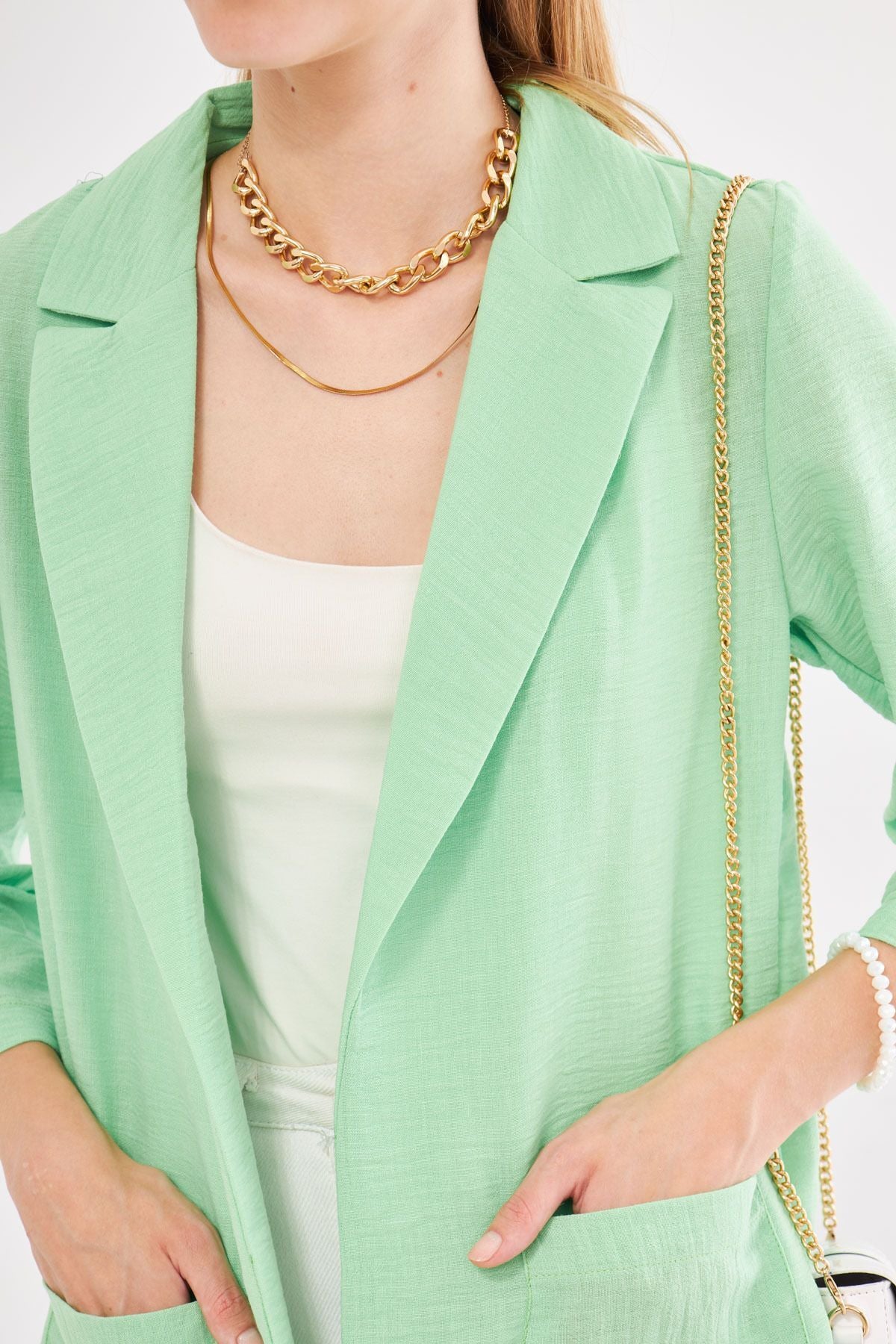 Female Neon Green Linen-Looking Pocket Oversize Jacket ARM-24Y001065