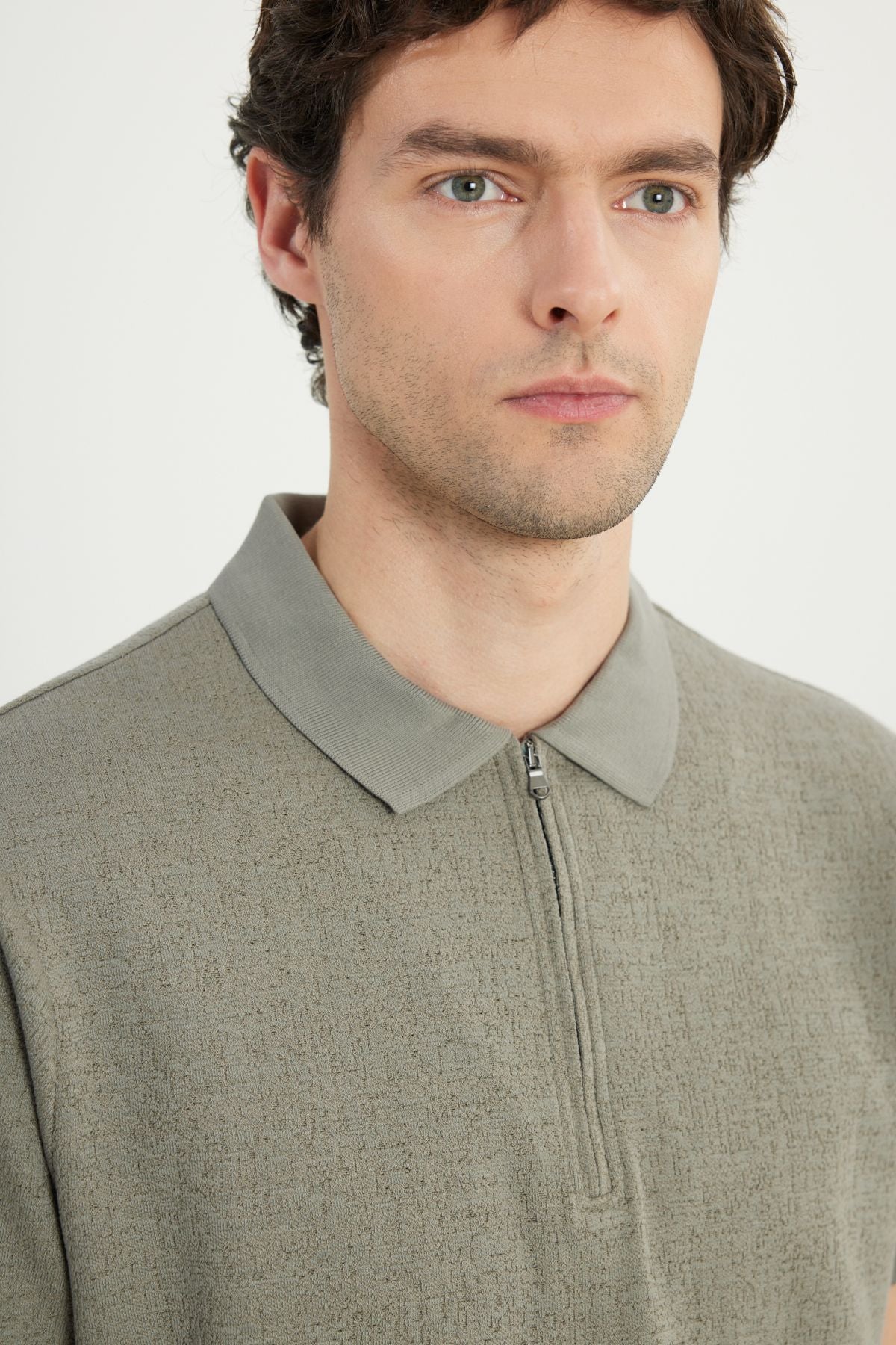 Men's Khaki Cotton Slim Fit Narrow Cut Zippered Flexible T -shirt with Jacquard
