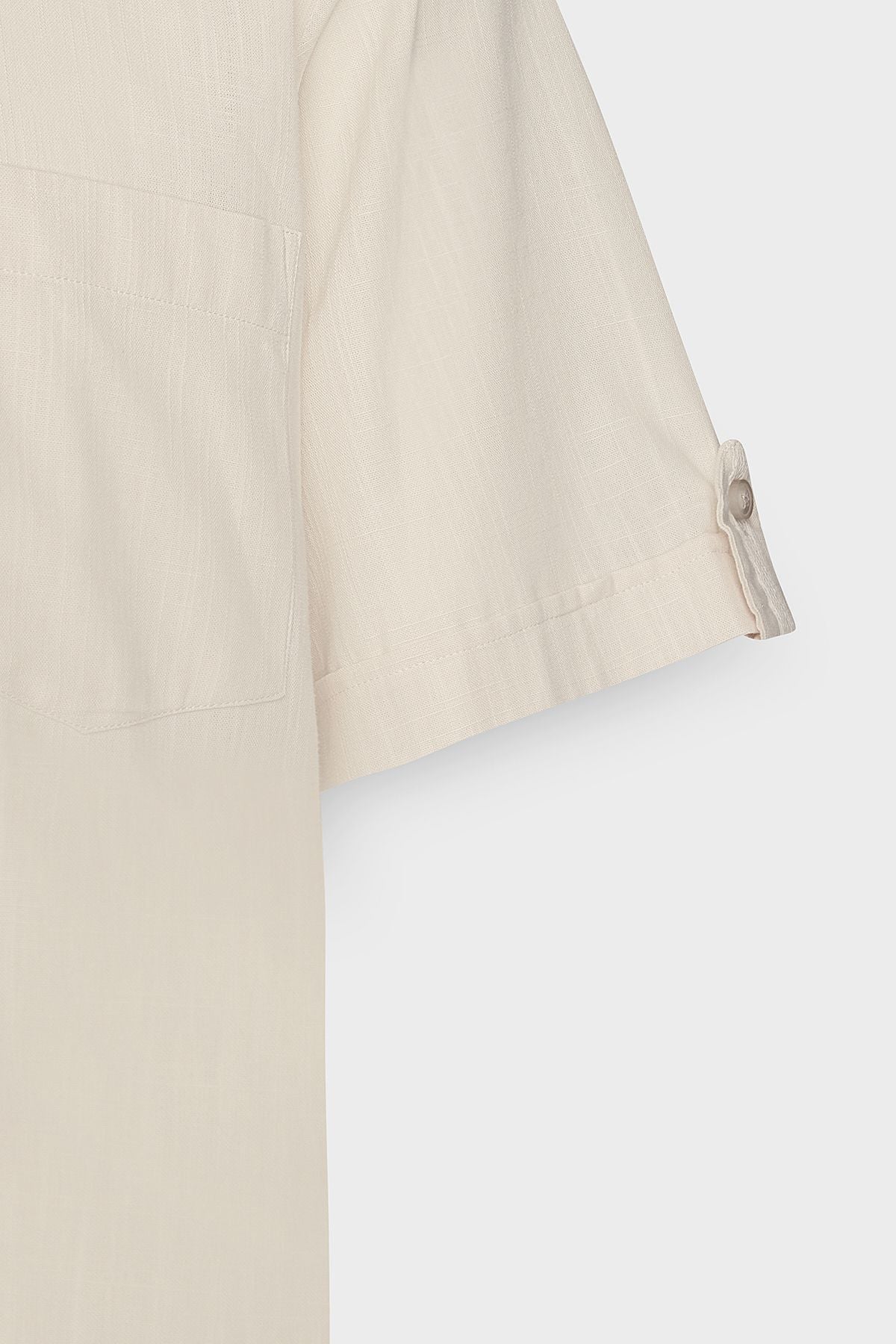 Men's Beige Comfort Fit Casual Cutting Buttoned Neck Linen Looking 100 %Cotton Planned Short Sleeve Shirt