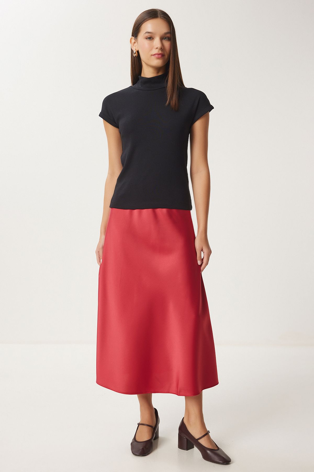 Woman Red Satin Surface Woven Skirt DP00224