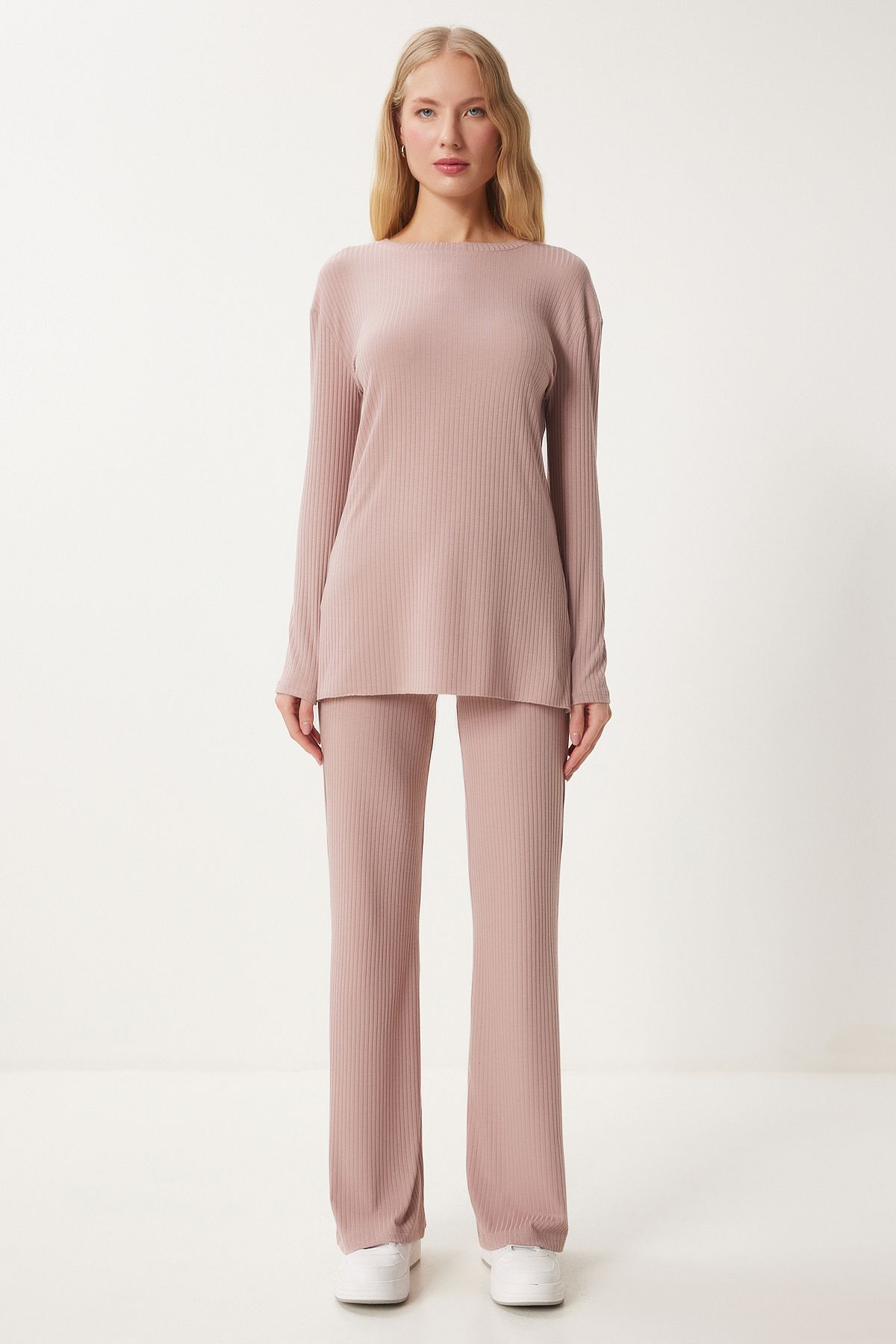 Female Powdered Casual Wick Knit Blouse Pants Set OW00054