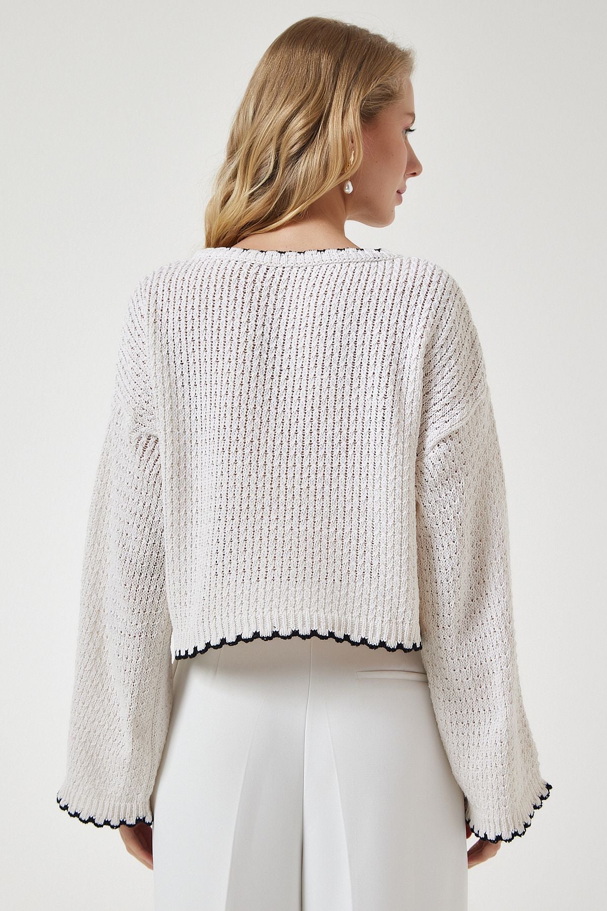 Women's Cream Gospel Offer Mevsimli Crop Knitwear sweater MC00256