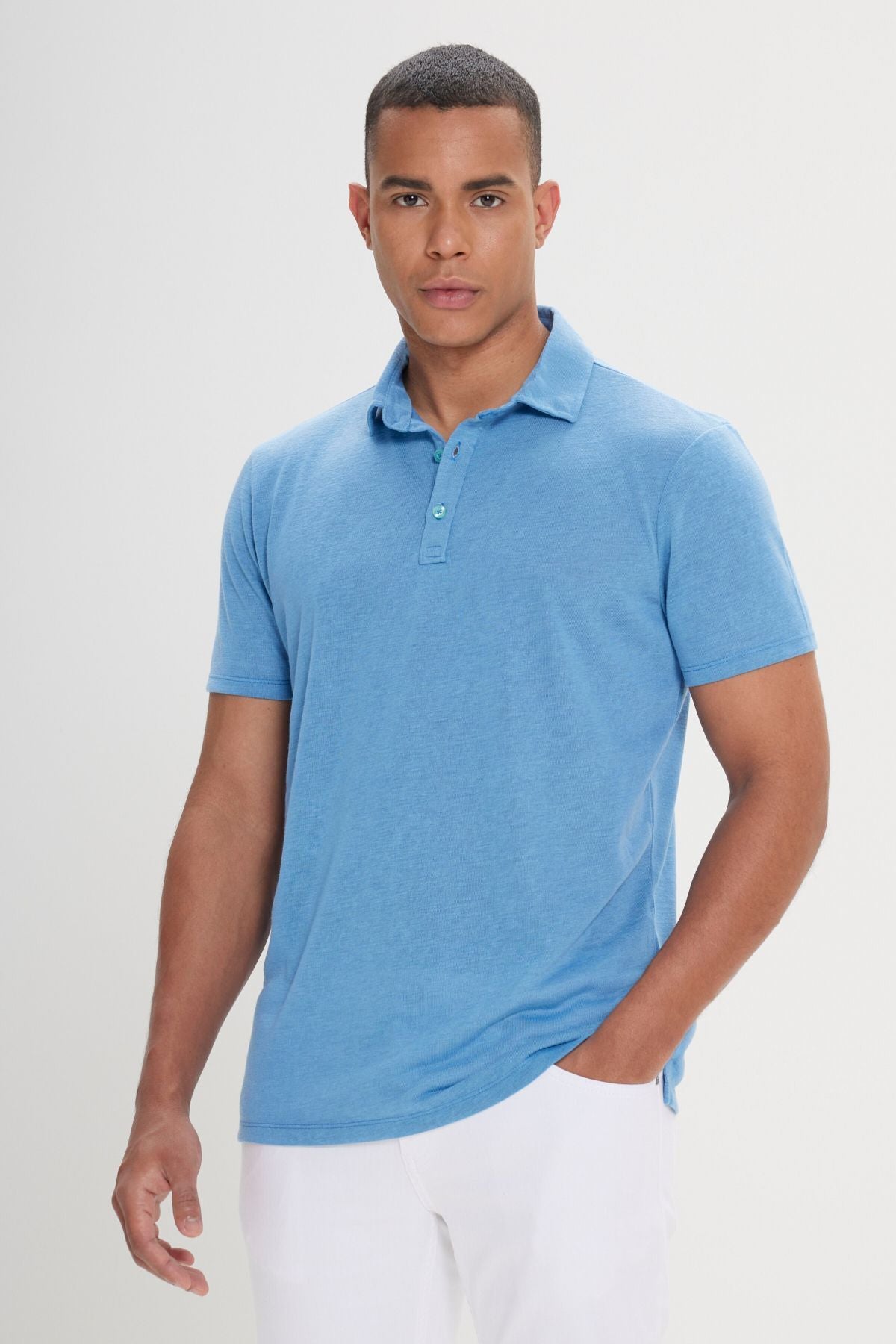 Men's turquoise slim fit narrow cut polo collar flat casual T -shirt