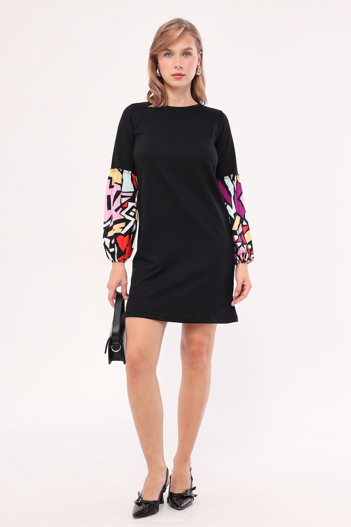 Female Black Geometric Patterned Balloon Sleeve Dress ARM-20K001099