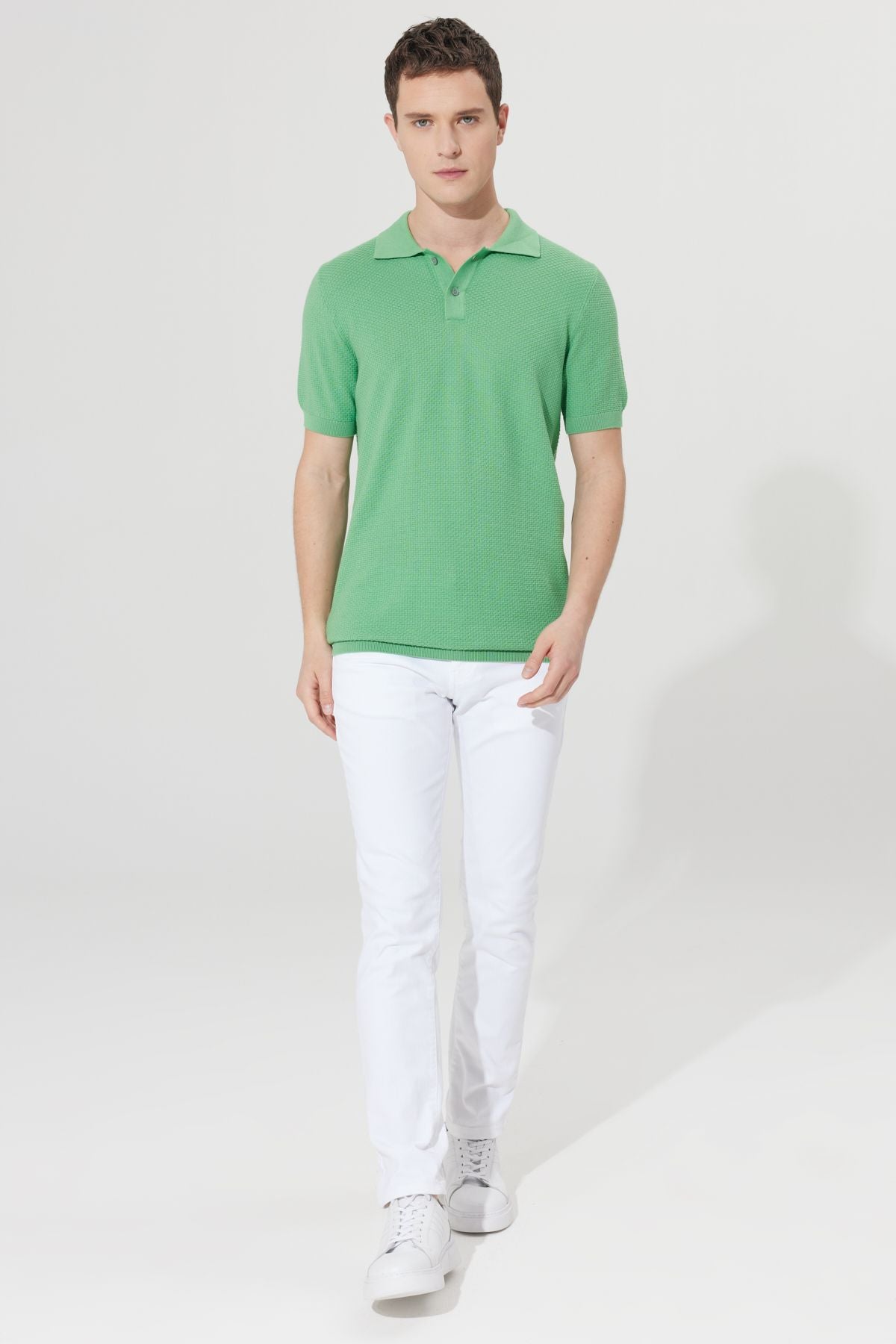 Men's Green Standard Fit Normal Cut Polo Yaka 100 %Cotton Short Sleeve Triko T -shirt