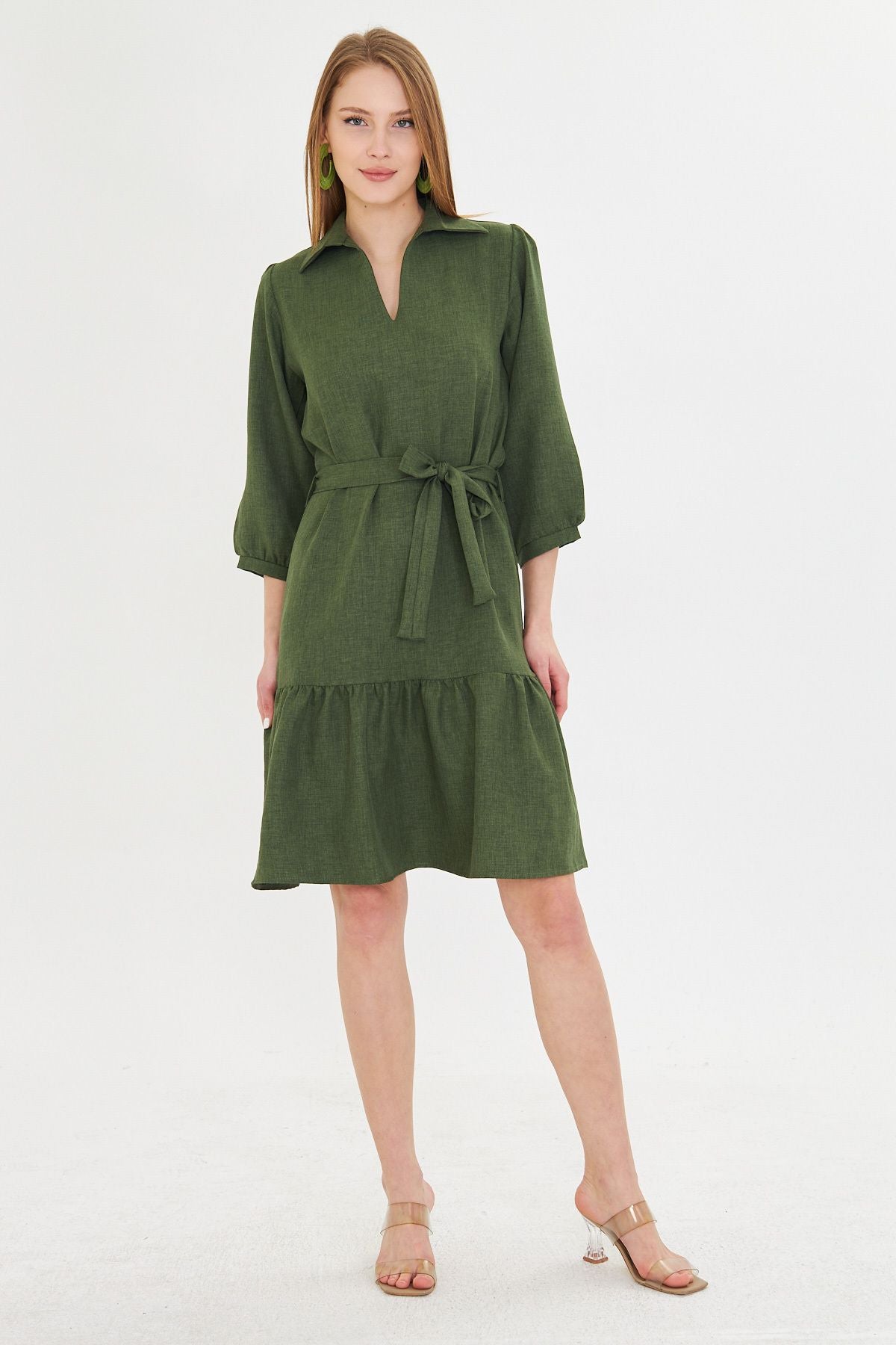 Female Green Shirt Neck Quarter Arm Waist Belled Skirt Shirred Dress ARM-25Y001010