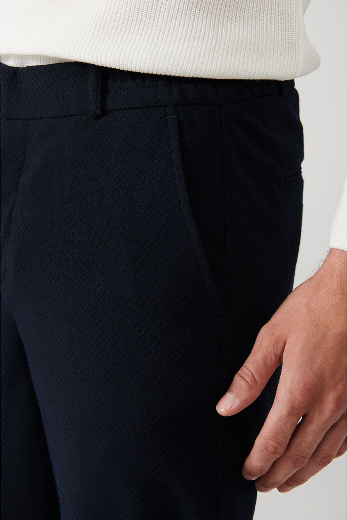 Men's Navy Blue Jogger Pants with Side Elastic Herringbone Pattern Slim Fit A32y3054