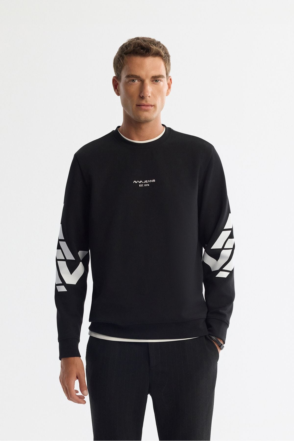 Men's black bike collar cotton printed elastan sweatshirt a42y1256
