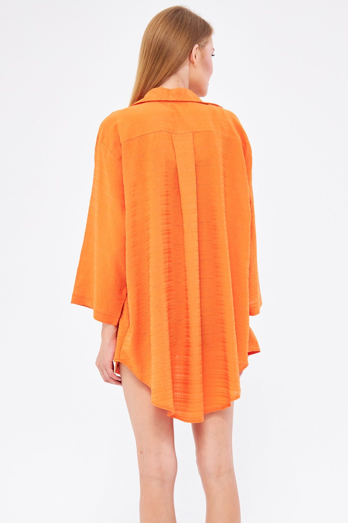 Female Orange Self-striped front-binding Kimono Shirt ARM-24Y001101