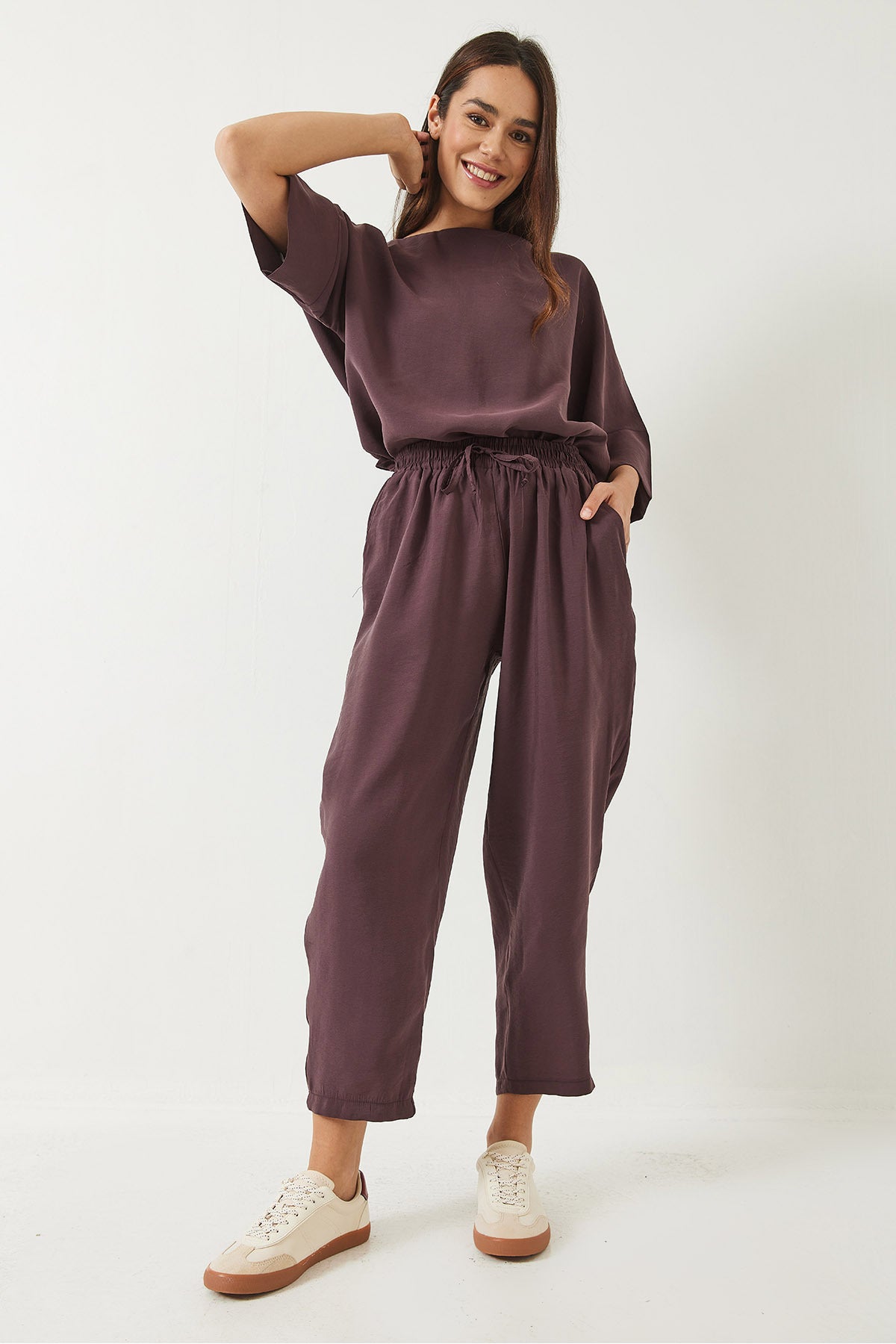 Women's Boat Neck Half Sleeve Blouse Elastic Waist Shalwar Trousers Bottom-Top Set 60283118