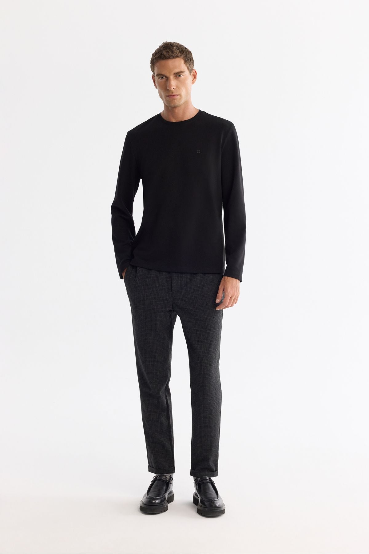 Men's black bike collar cotton long sleeve T-shirt A42y1350