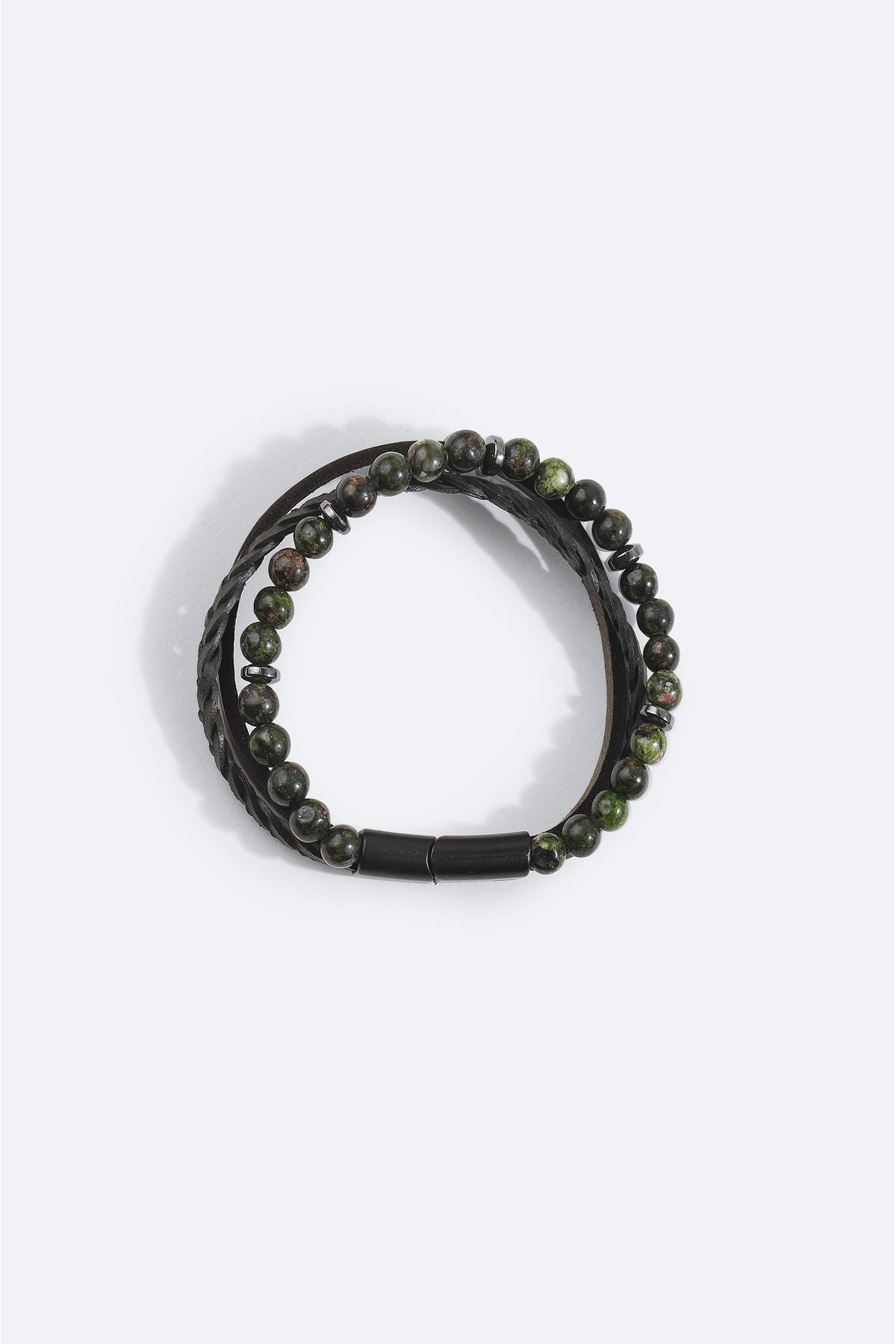 Male Khaki Leather Ceyt and Hematitis Stone Bracelet A42y9614