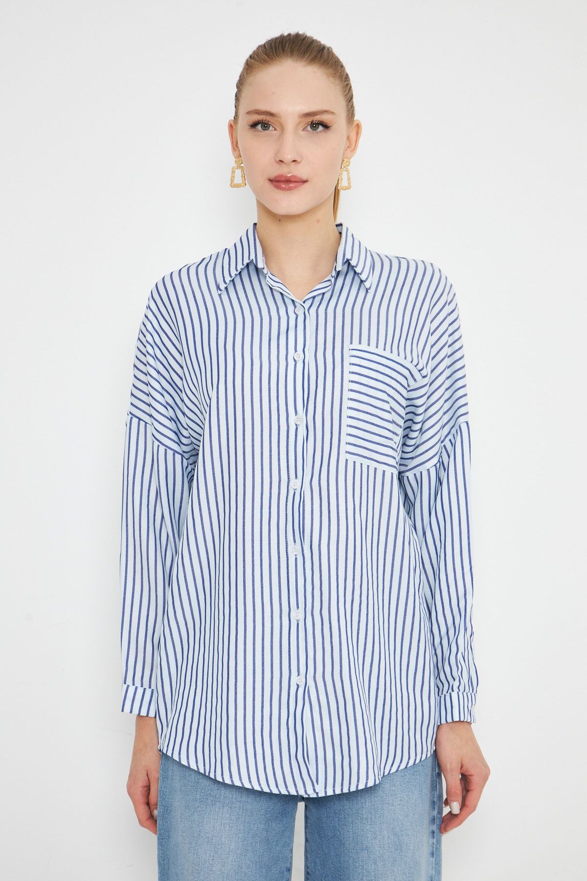 Female flowerpot stripe long arm pocket detailed back Pleeled Oversize shirt ARM-25K001069
