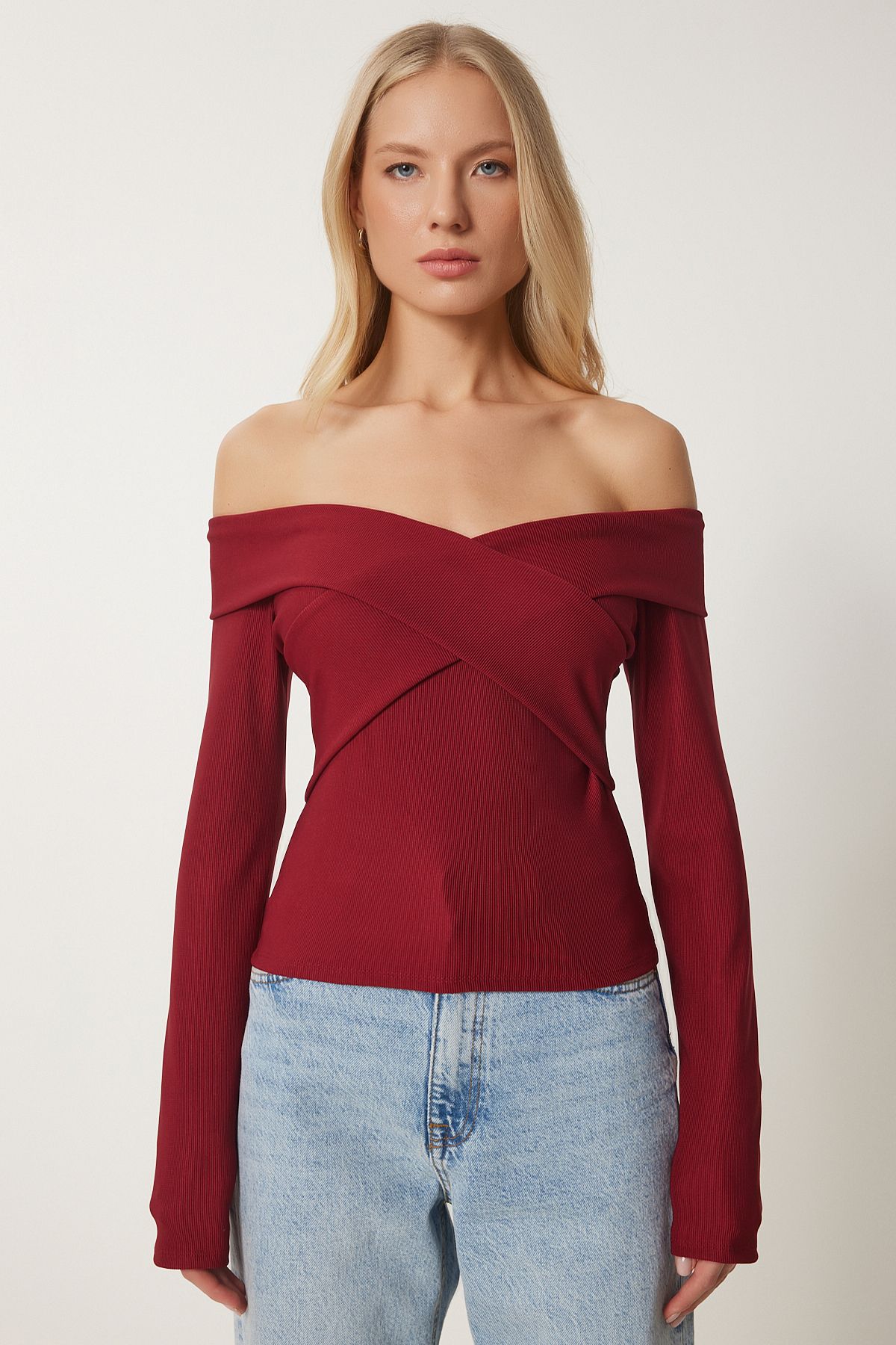 Female Bordeaux Crafts Neckline Open Knitting Blouse FF00169