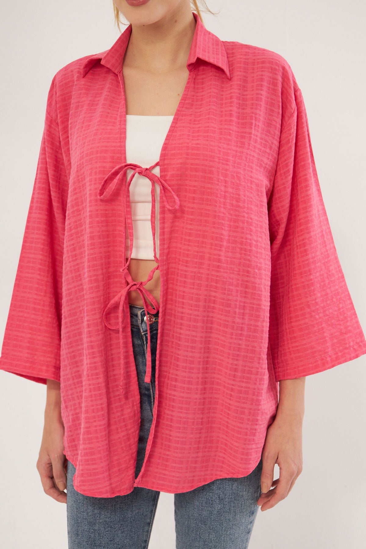 Fuchsia shirt collar with front lace-up kimono shirt ARM-25K001006