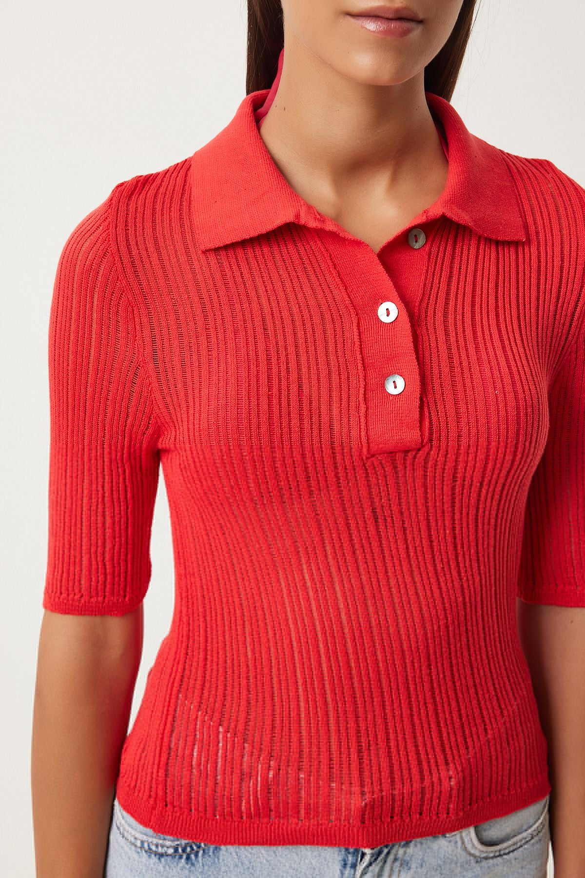 Woman Red Polo Yaka Light Transparent Triko Blouse FN03211