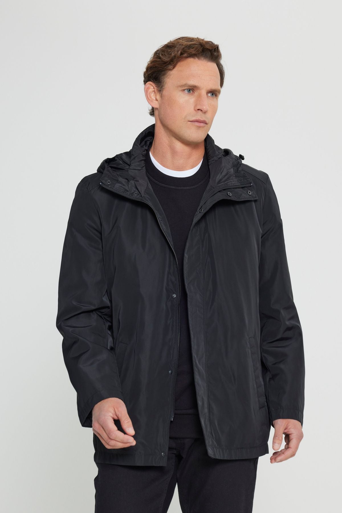 Men's Black Standard Fit Normal Cutter Windproof Hooded Red Neck Coat Trench coat