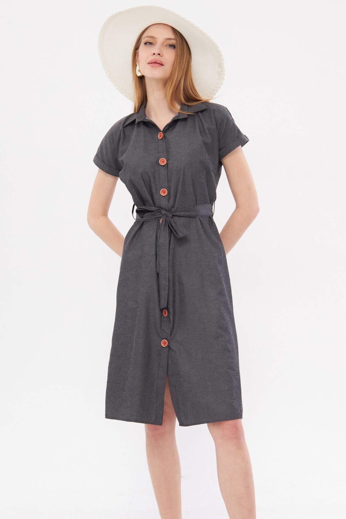 WOMEN'S ARRASİS WAST Belt Short Sleeve Shirt Dress ARM-19Y001068