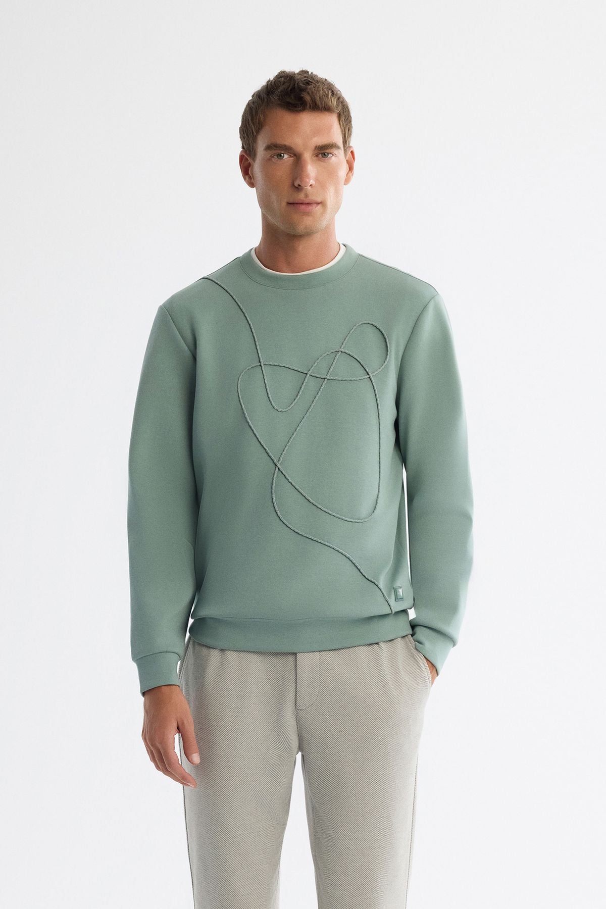 Men's Mint Green Bike Collar Cotton Embroidery Sweatshirt A42y1247