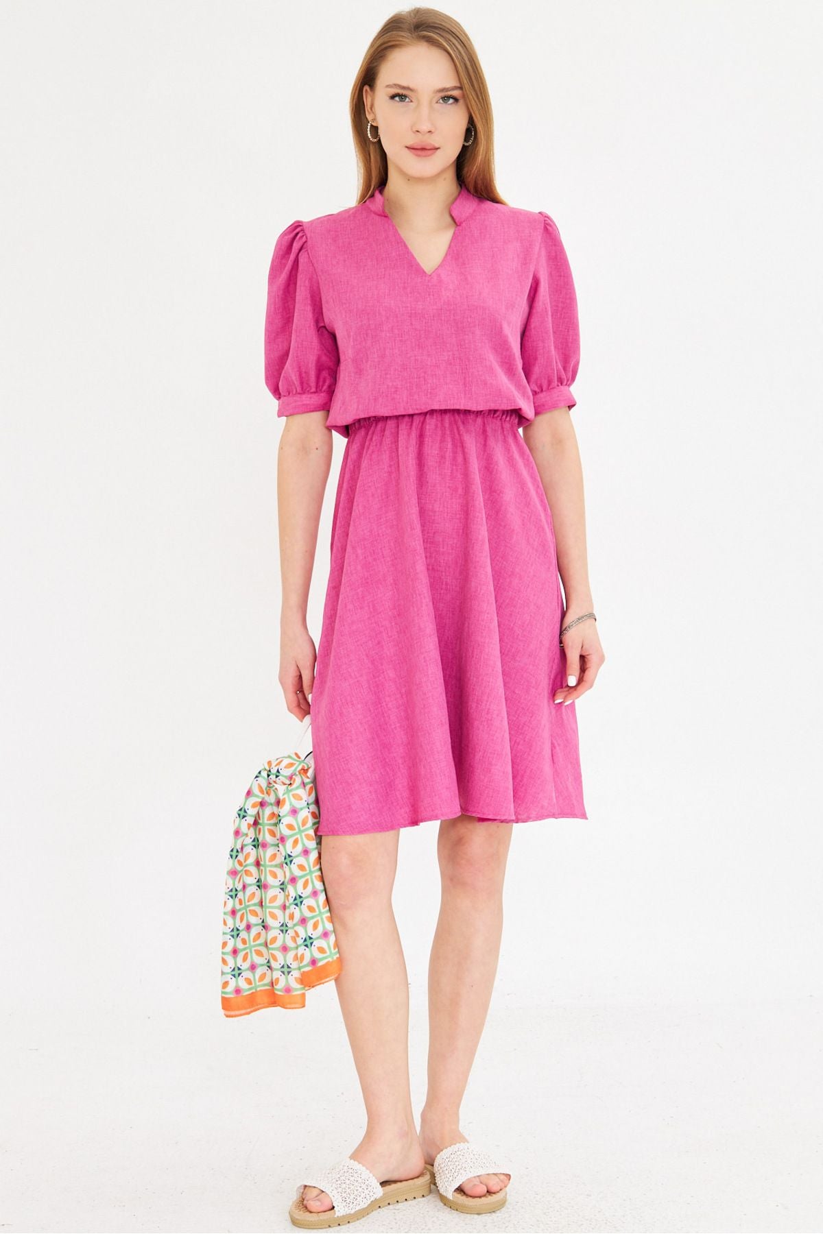 Women's Fuchsia V-Yaka Waist Waist Tire Short Sleeve Clash Dress ARM-25Y001001