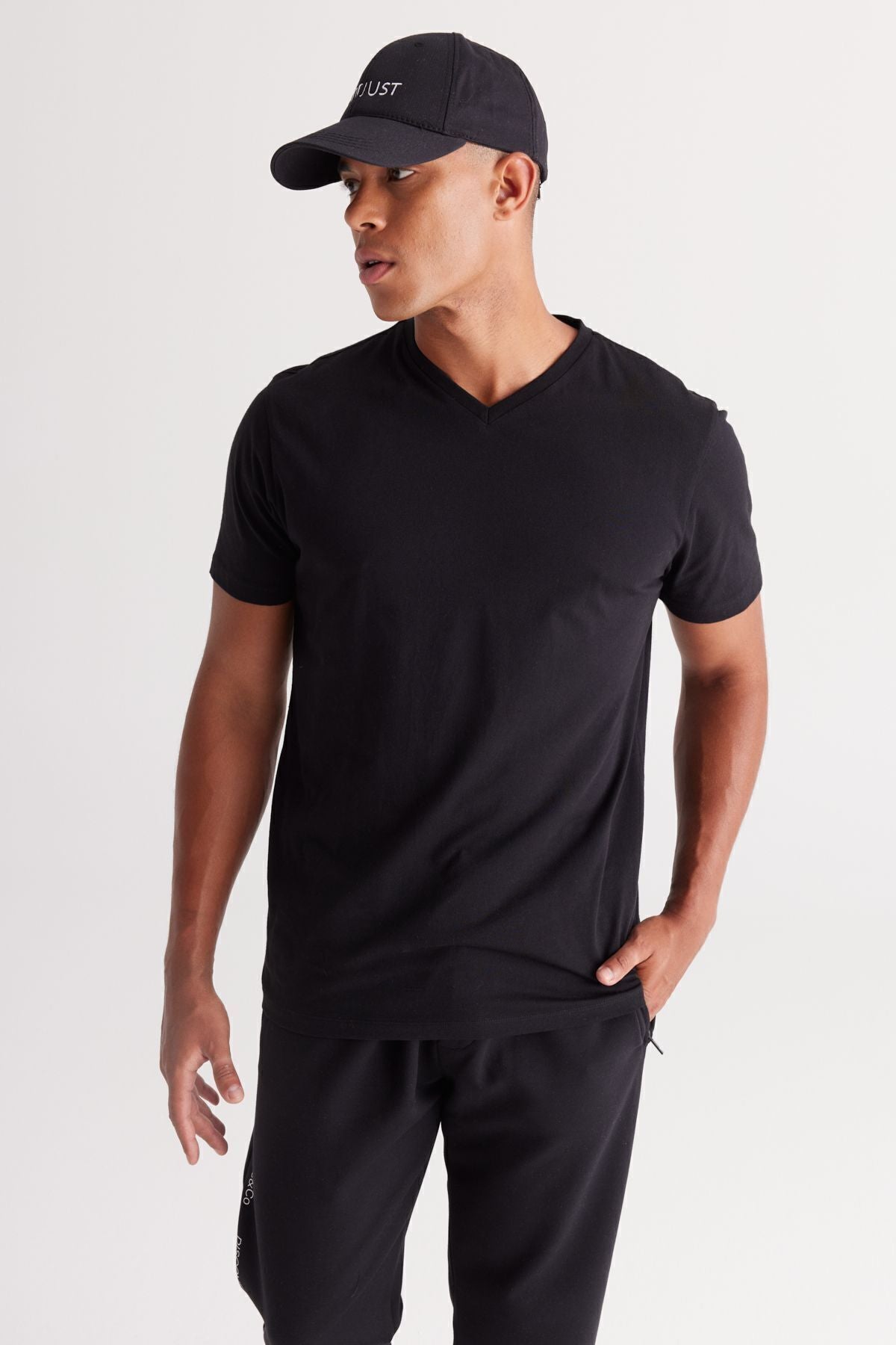 Men's Black-Black 2 Piece V-Neck 100 %Cotton Slim Fit Narrow Cut Basic T-shirt