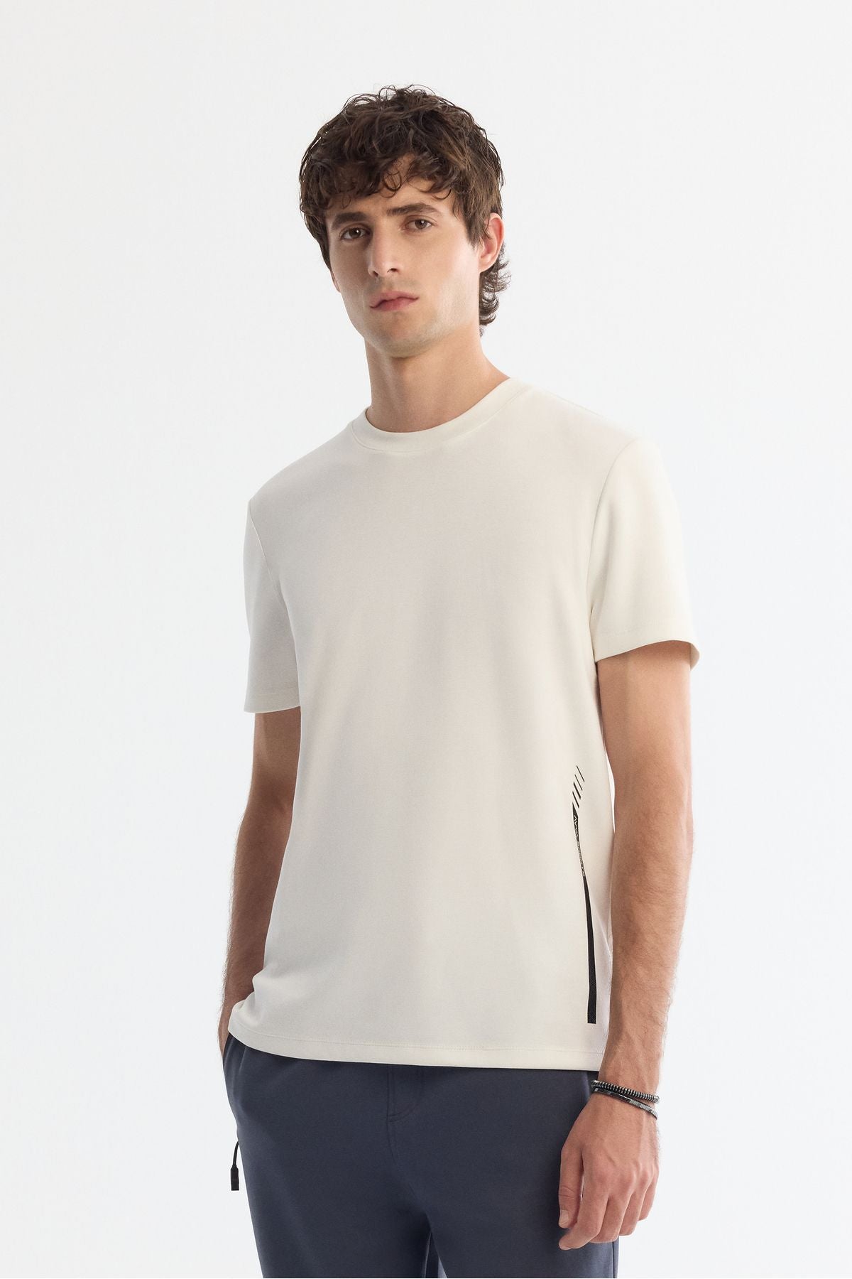 Men's Ecru Bicycle Collar Printed Elastan T-Shirt A42y1017