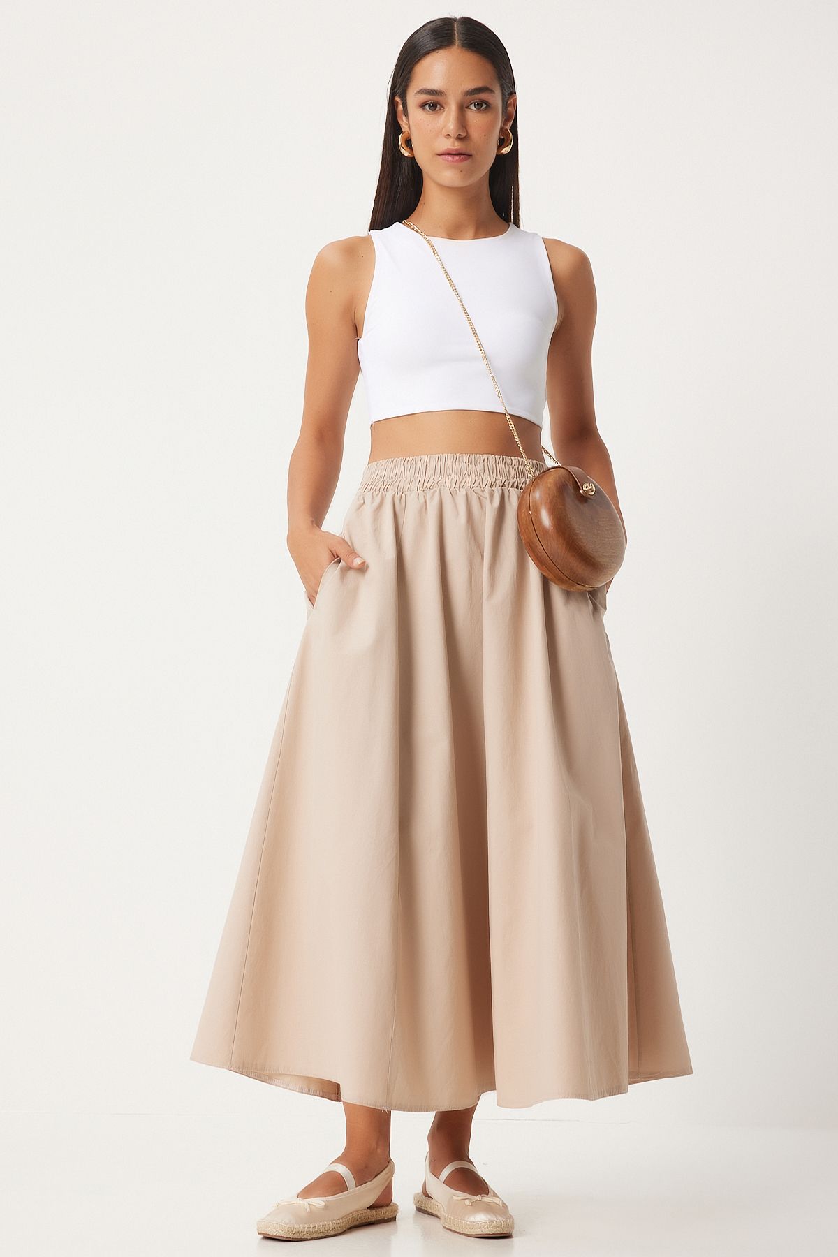 Women's Cream Linen Mixed Maxi Skirt GP00011