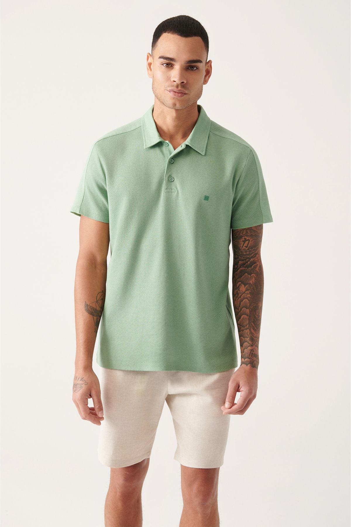 Men's Water Green 100 %Cotton Polo Yaka T-shirt A31y1021
