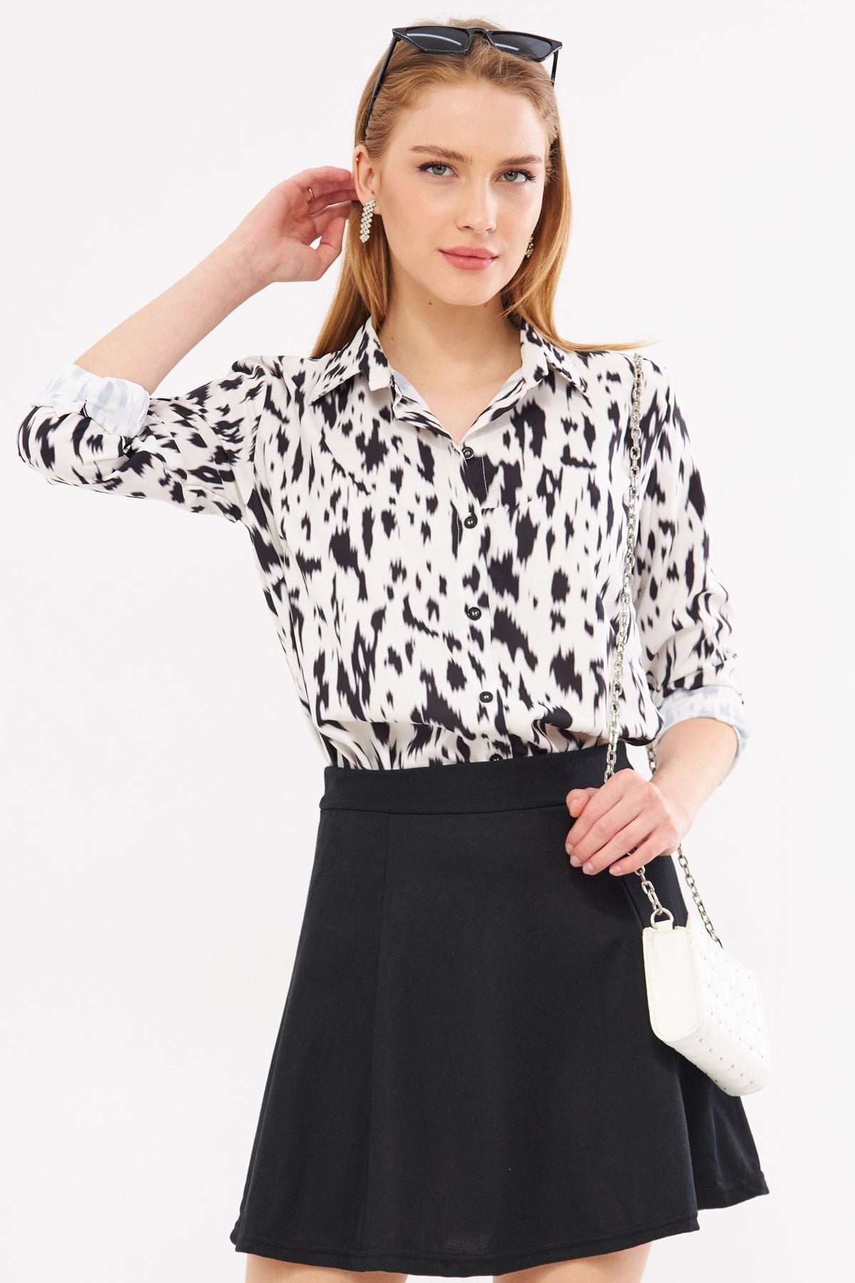 Women's Beige-Black Patterned Long Sleeve Shirt ARM-24K001017