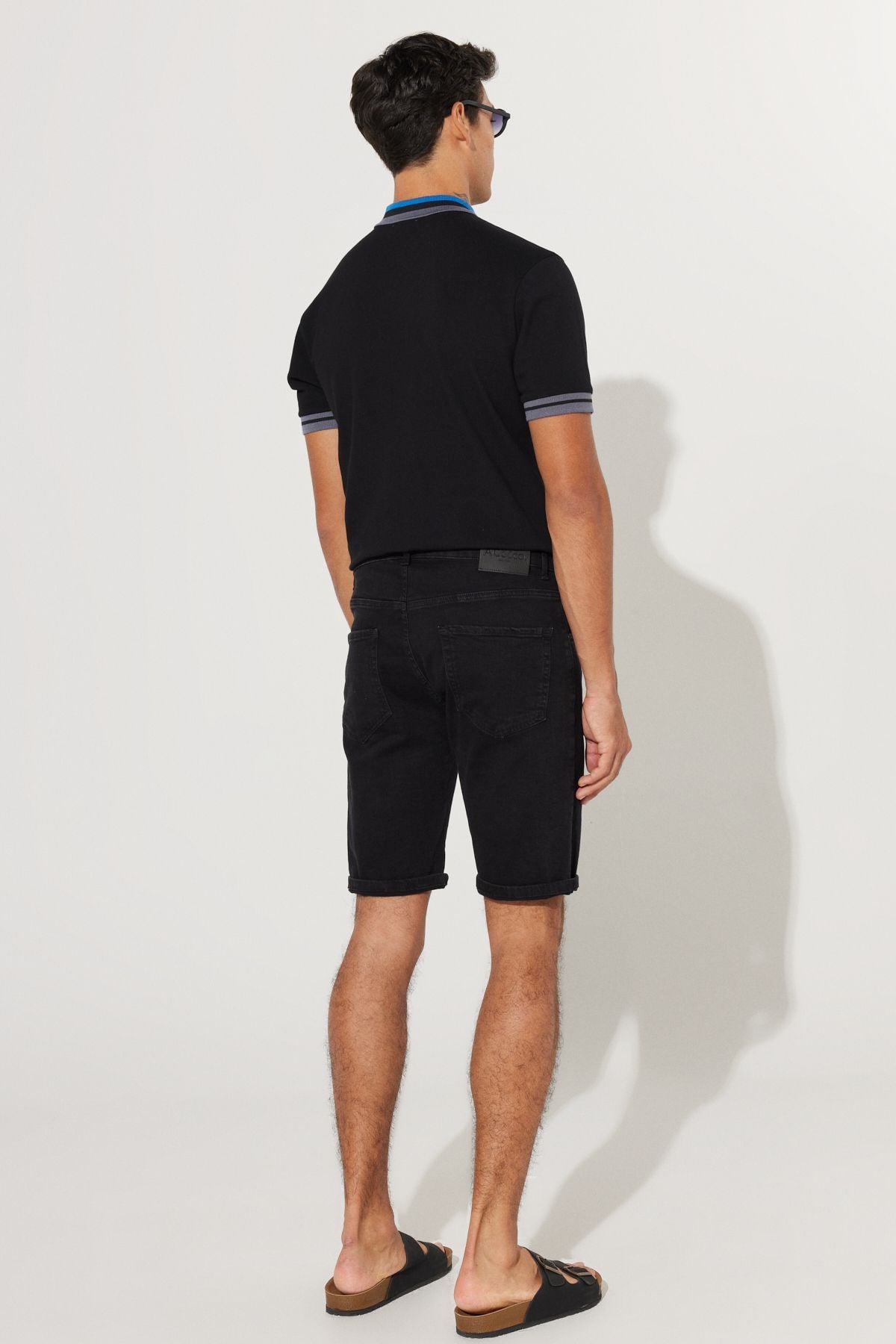 Men's black slim fit narrow cut cotton flexible denim shorts